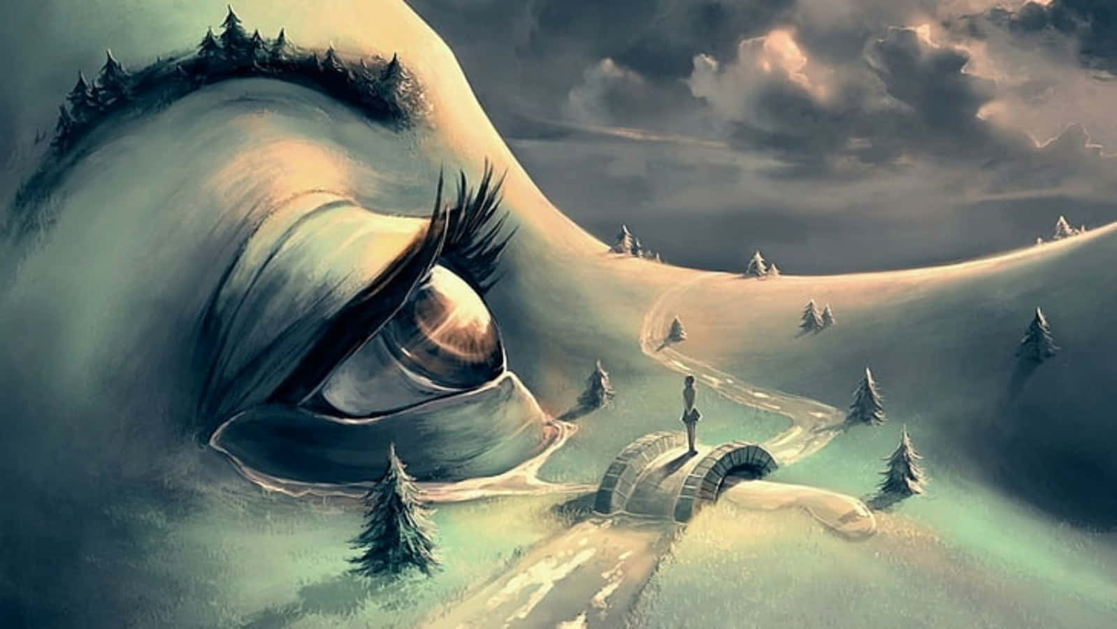 Surrealism 桌布 壁紙 — 一隻巨大的眼睛主宰著雪景，一個孤獨的身影在暴風雨的天空下走向一座橋樑。
