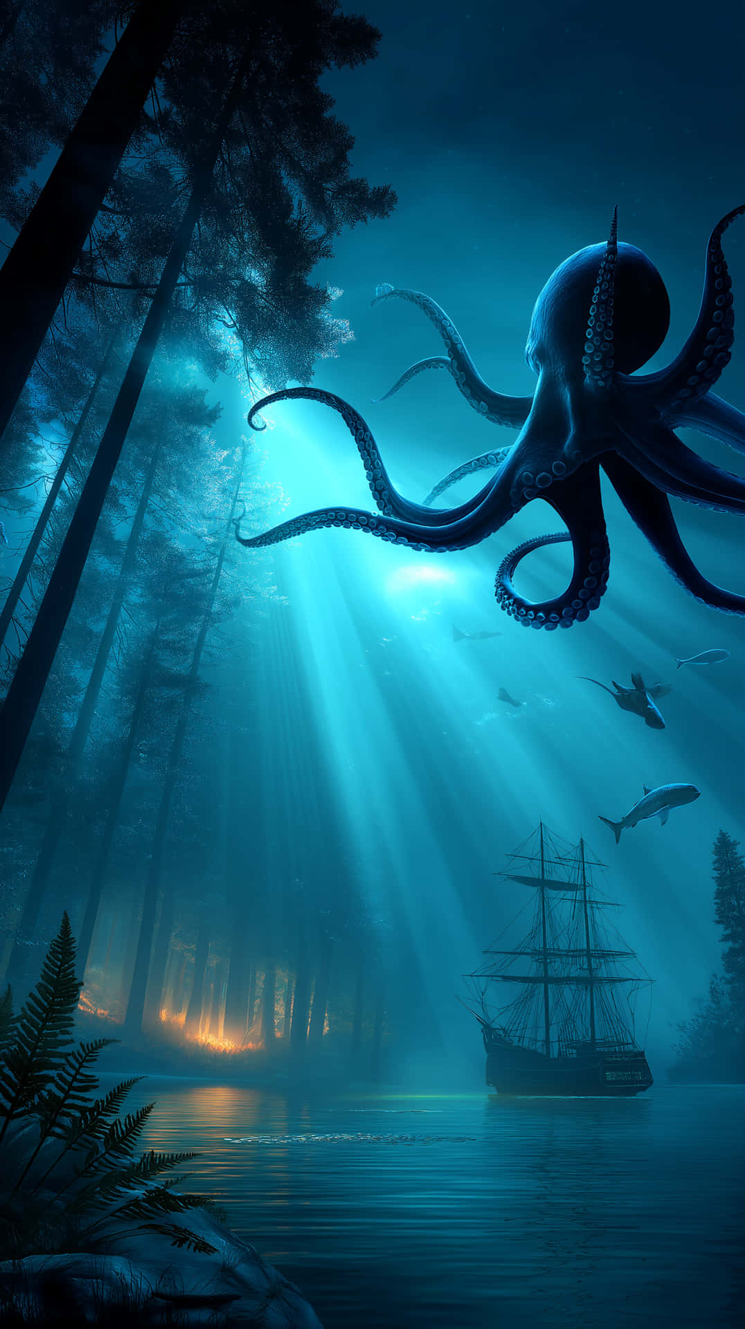 Surreal underwater forest scene with giant octopus and sunken ship 壁紙 — 一隻巨大的章魚從深藍色海水中浮現，懸浮在沉船上方，附近有樹木繁茂的海岸，遠處有發光的橙色火光。