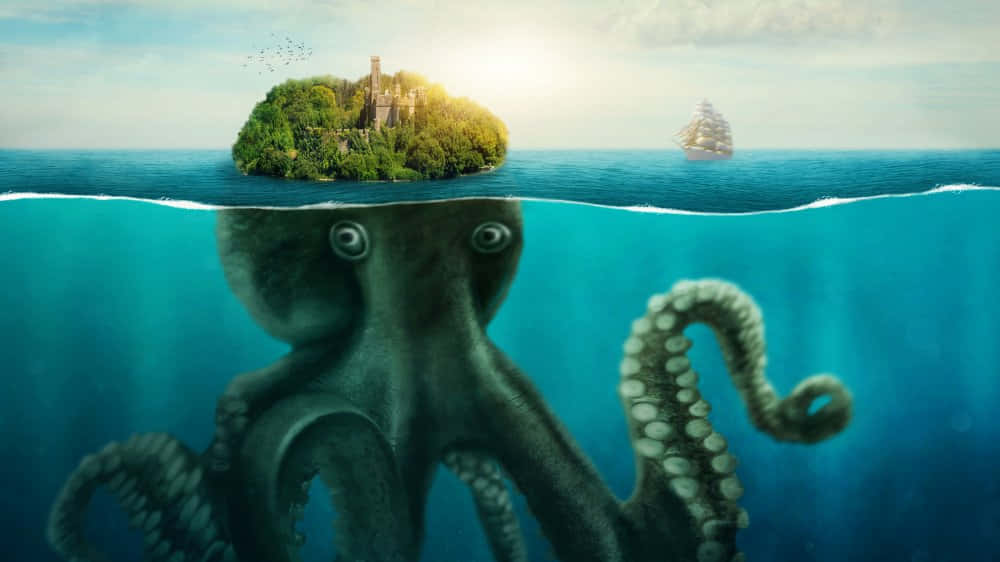 Kraken 桌布 壁紙 — 一隻巨大的章魚支撐著一個鬱鬱蔥蔥的島嶼，島上有城堡在水面上，遠處有一艘船在航行。