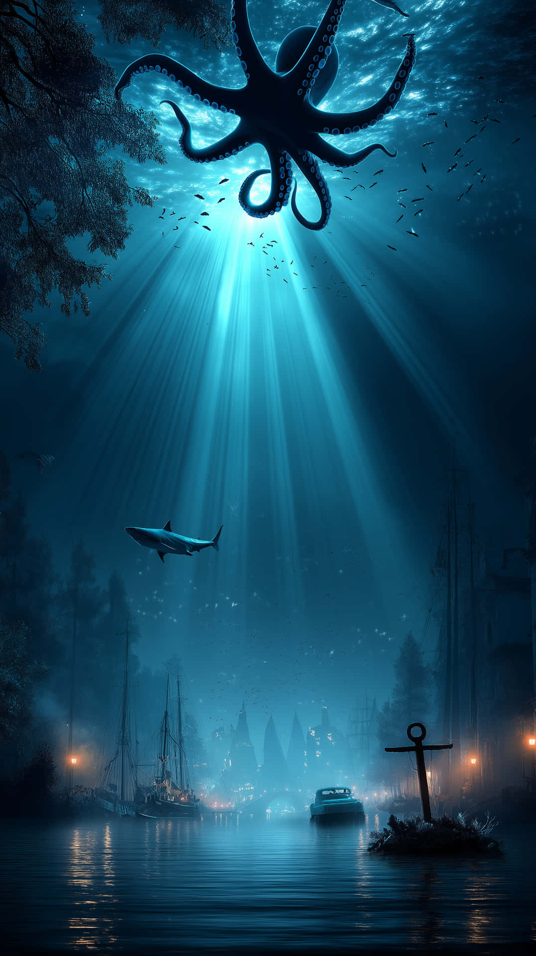 Surreal underwater cityscape with giant octopus and shark 壁紙 — 一隻巨大的章魚聳立在陽光普照的水下港口上方，一條鯊魚在停泊的船隻和發光的燈光旁滑過。