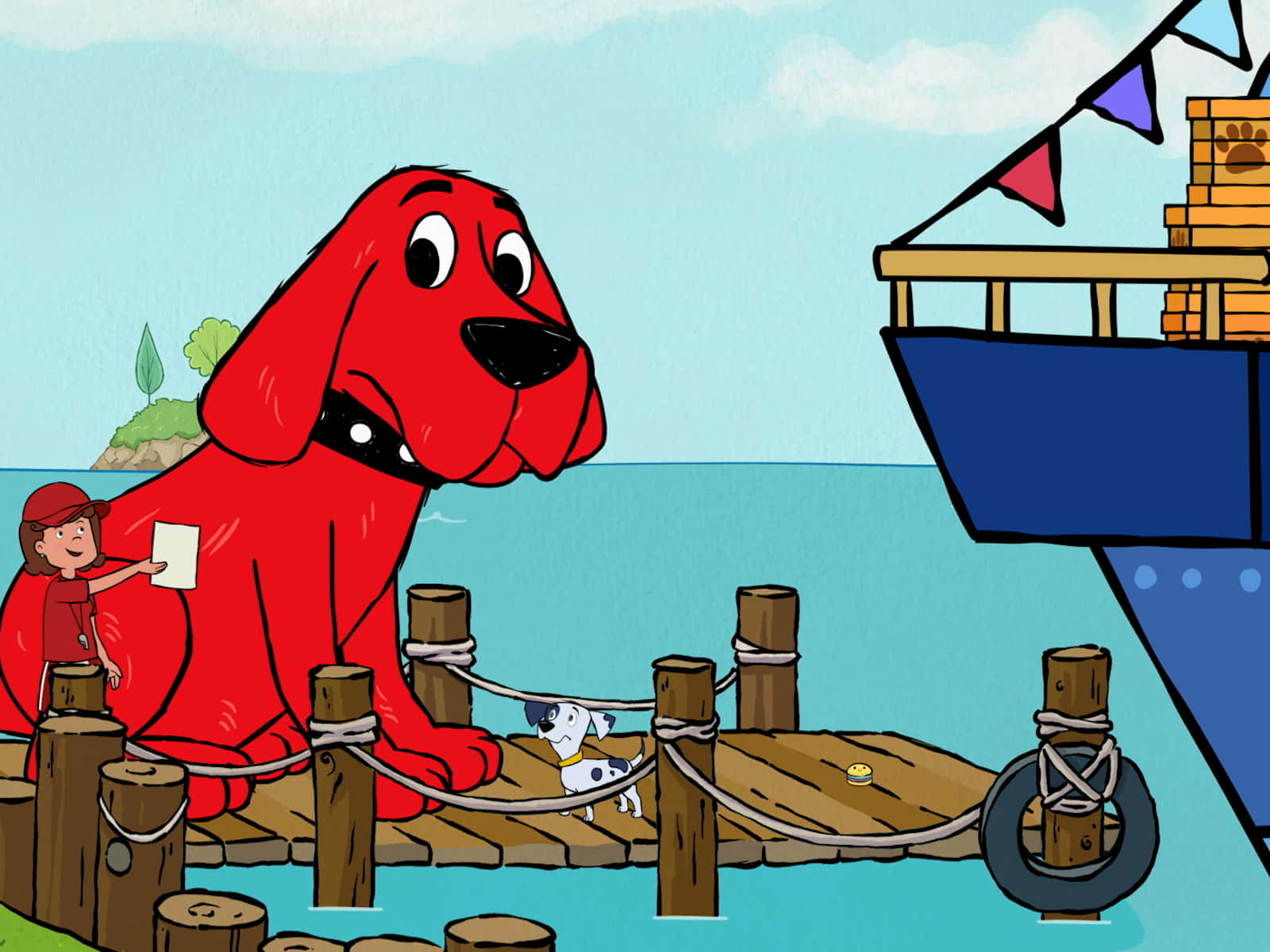 大紅狗克利福德 桌布 壁紙 — 一隻巨大的紅狗坐在木碼頭上，旁邊有一個拿著紙條的小孩，而一隻小狗在附近探索。