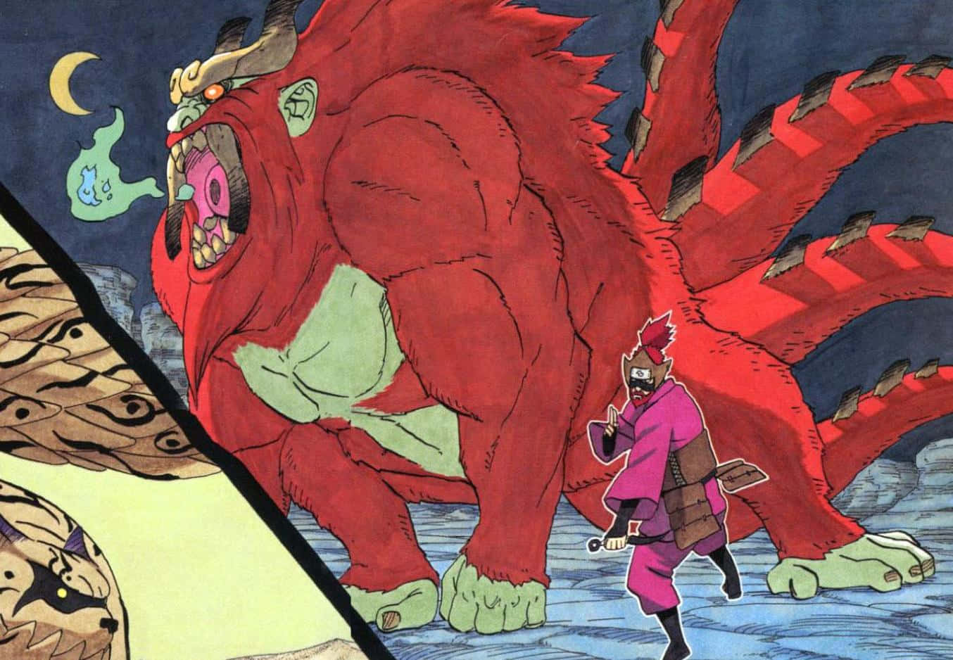 Tailed Beasts 桌布 壁紙 — 一隻巨大的紅色九尾狐在新月下咆哮，而一名粉紅色的忍者在其旁邊奔跑，構成一個戲劇性的動漫戰鬥場景。