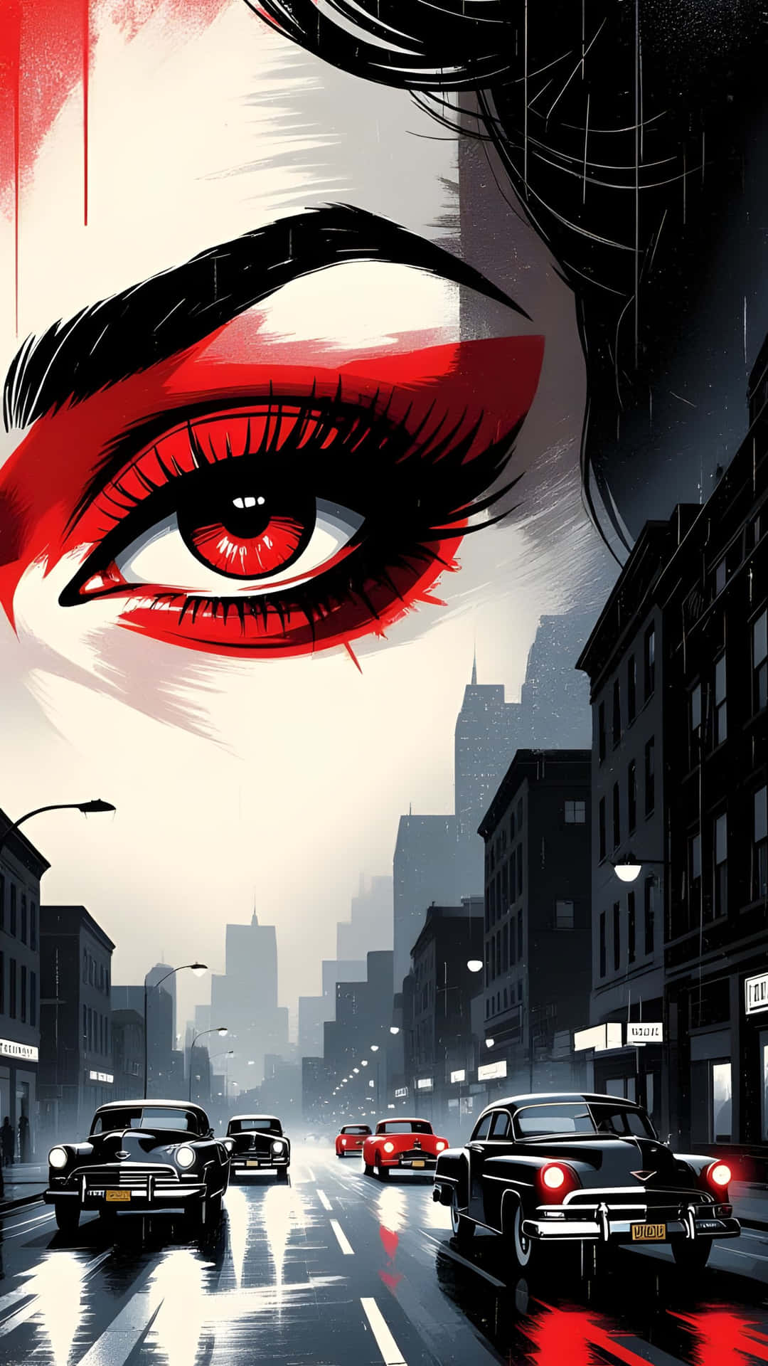 A Dark, Noir-Inspired Urban Masterpiece 壁紙 — 一隻巨大的紅色眼睛籠罩在一條充滿復古汽車和高聳建築物的雨城市街道上。
