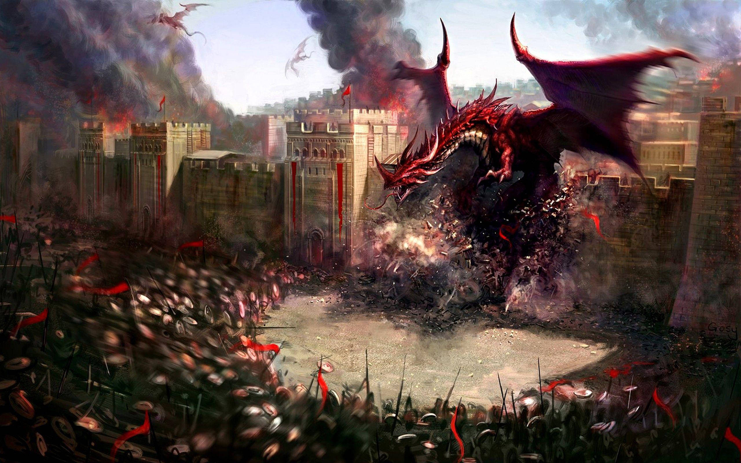 Dragons 桌布 壁紙 — 一隻巨大的紅色龍撞入石城堡，軍隊在煙霧瀰漫的天空下在下方交戰。