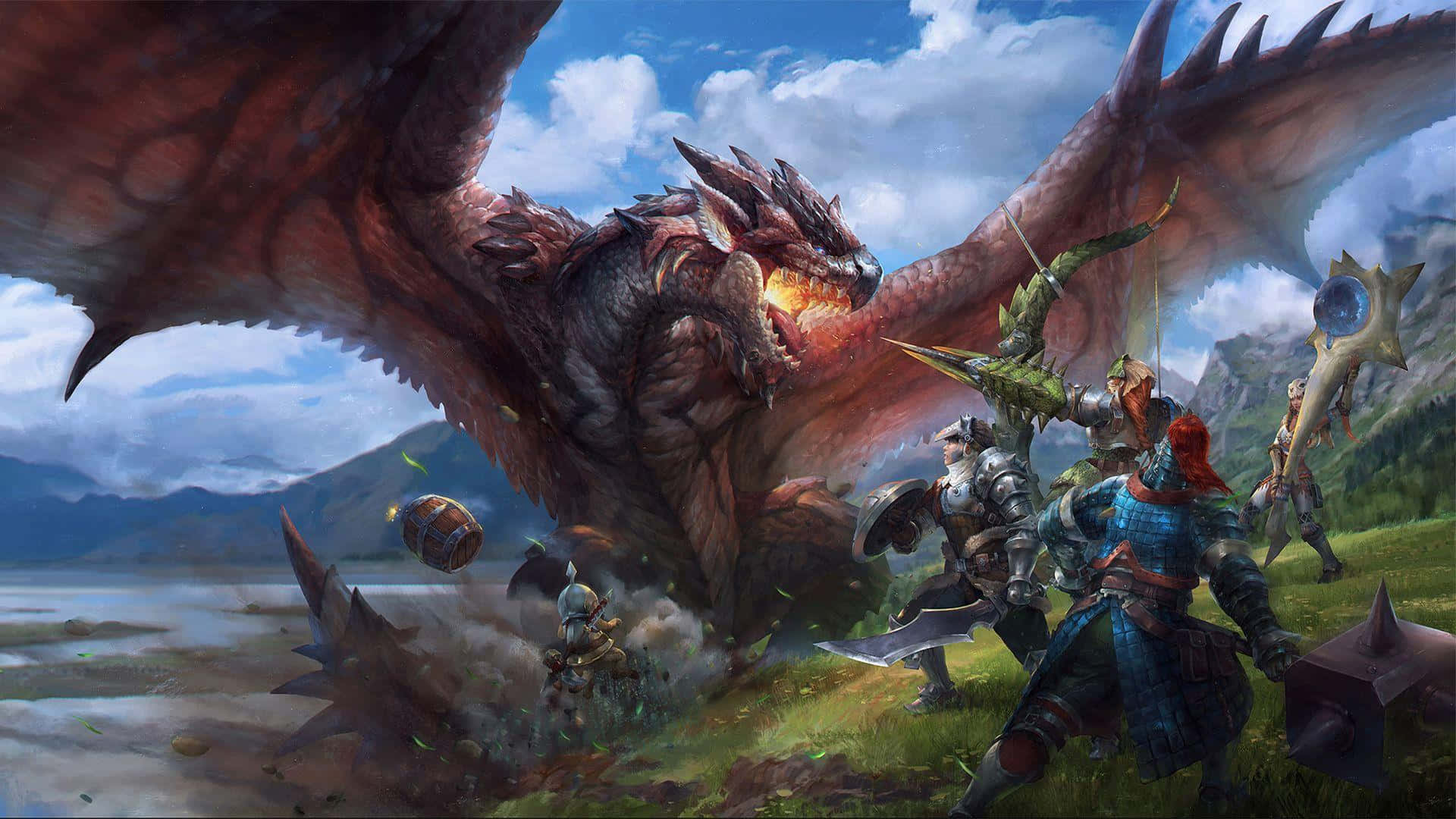 Monster Hunter Monsters 桌布 壁紙 — 一隻巨大的紅龍，眼睛發光，咆哮著，而身穿盔甲的戰士在湖和山附近牠的翅膀下戰鬥。