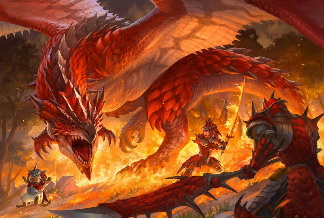 Monster Hunter Monsters 桌布 壁紙 — 一隻巨大的紅龍噴火，而身穿盔甲的戰士和一個小生物在燃燒的森林空地中與它對峙。