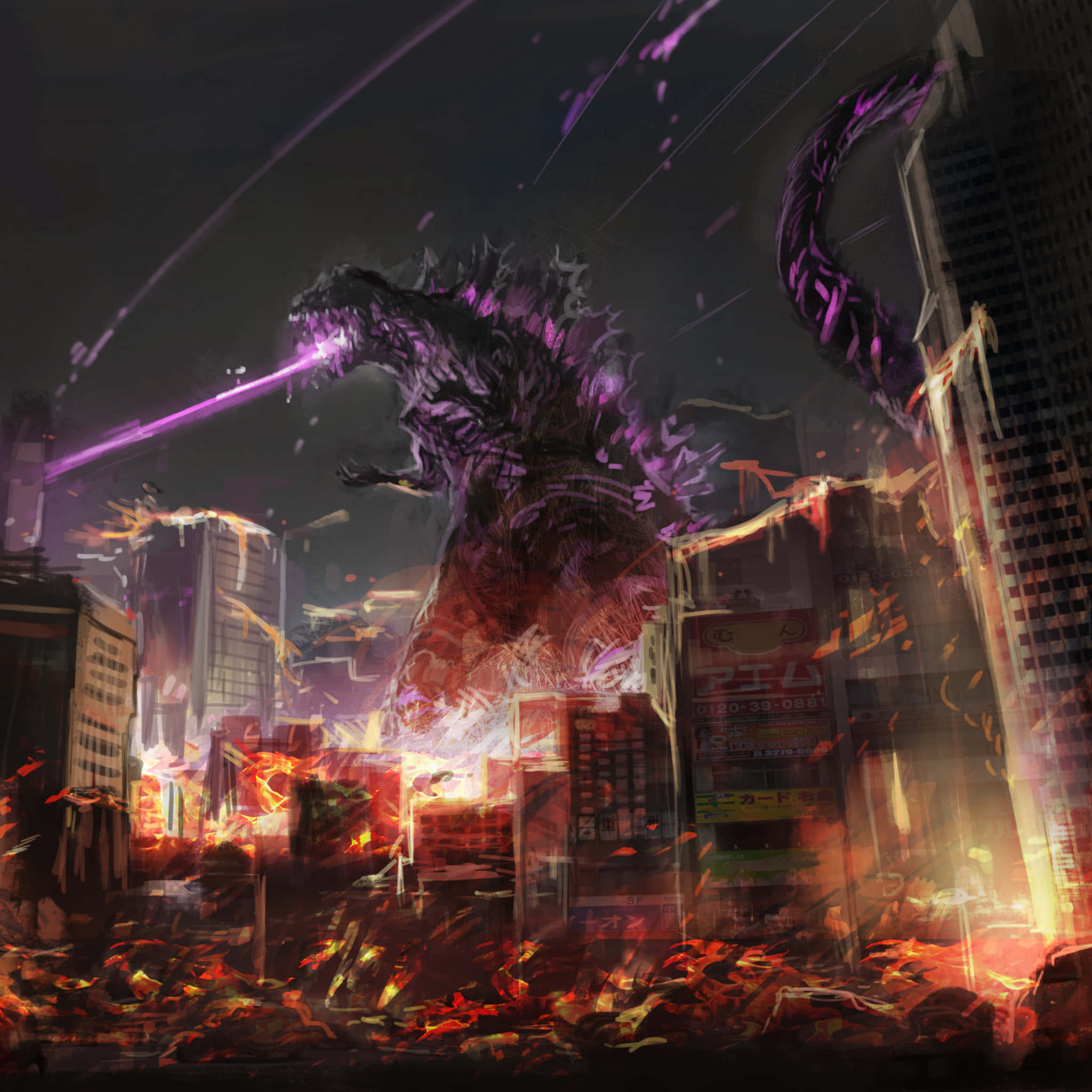 Burning Godzilla 桌布 壁紙 — 一隻巨大的紫色哥吉拉在夜晚燃燒的城市景觀中釋放光束，帶來火焰般的破壞和破碎的摩天大樓。