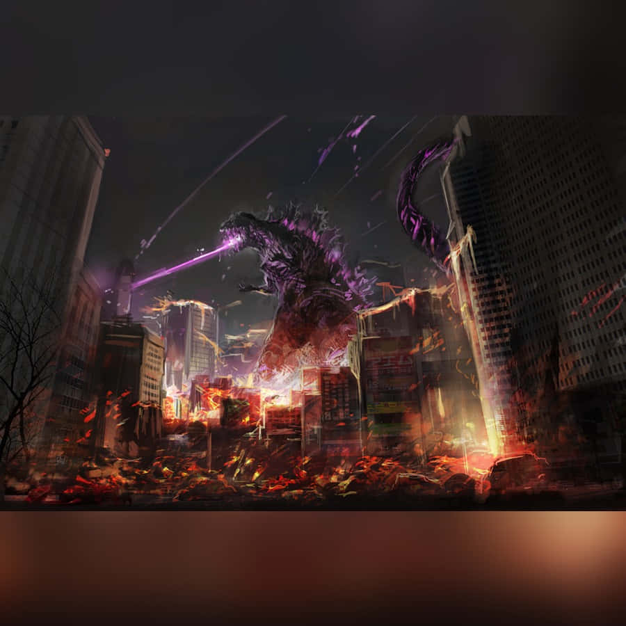 Godzilla City Destruction 桌布 壁紙 — 一隻巨大的紫色哥吉拉在夜晚穿過燃燒的城市景觀，在烈火毀滅中釋放出一道光束。