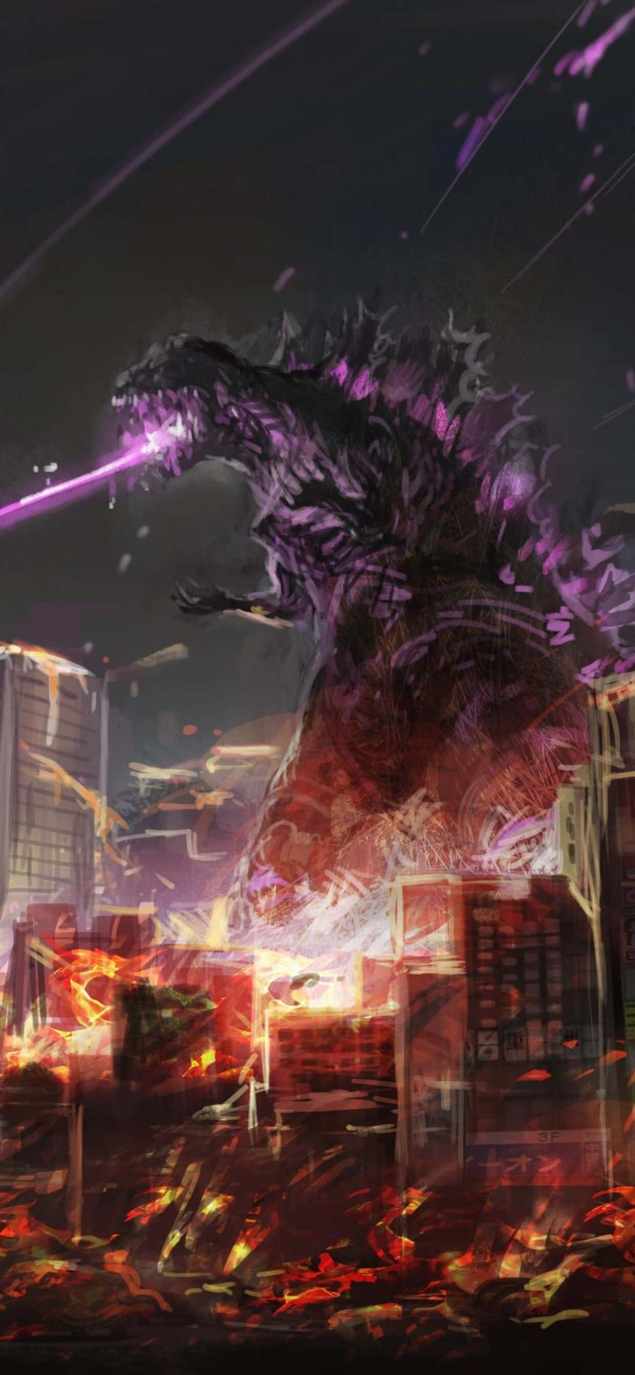 Godzilla Art 桌布 壁紙 — 一隻巨大的紫色哥吉拉在夜間咆哮並穿過燃燒的城市景觀發射光束。