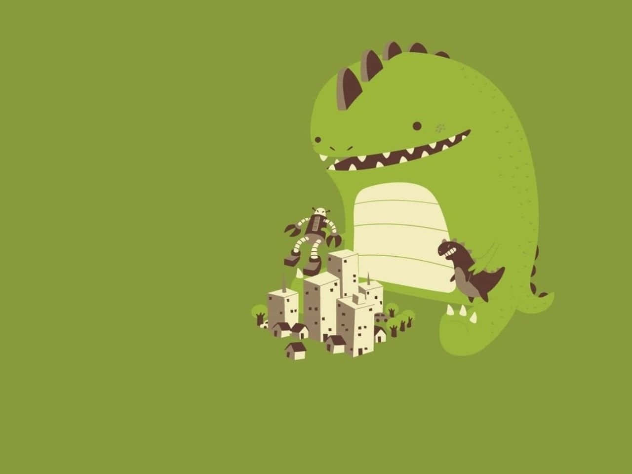 Dinosaur Desktop 桌布 壁紙 — 一隻巨大的綠色卡通恐龍頑皮地聳立在一個有微型建築和小恐龍的微小城市景觀之上。