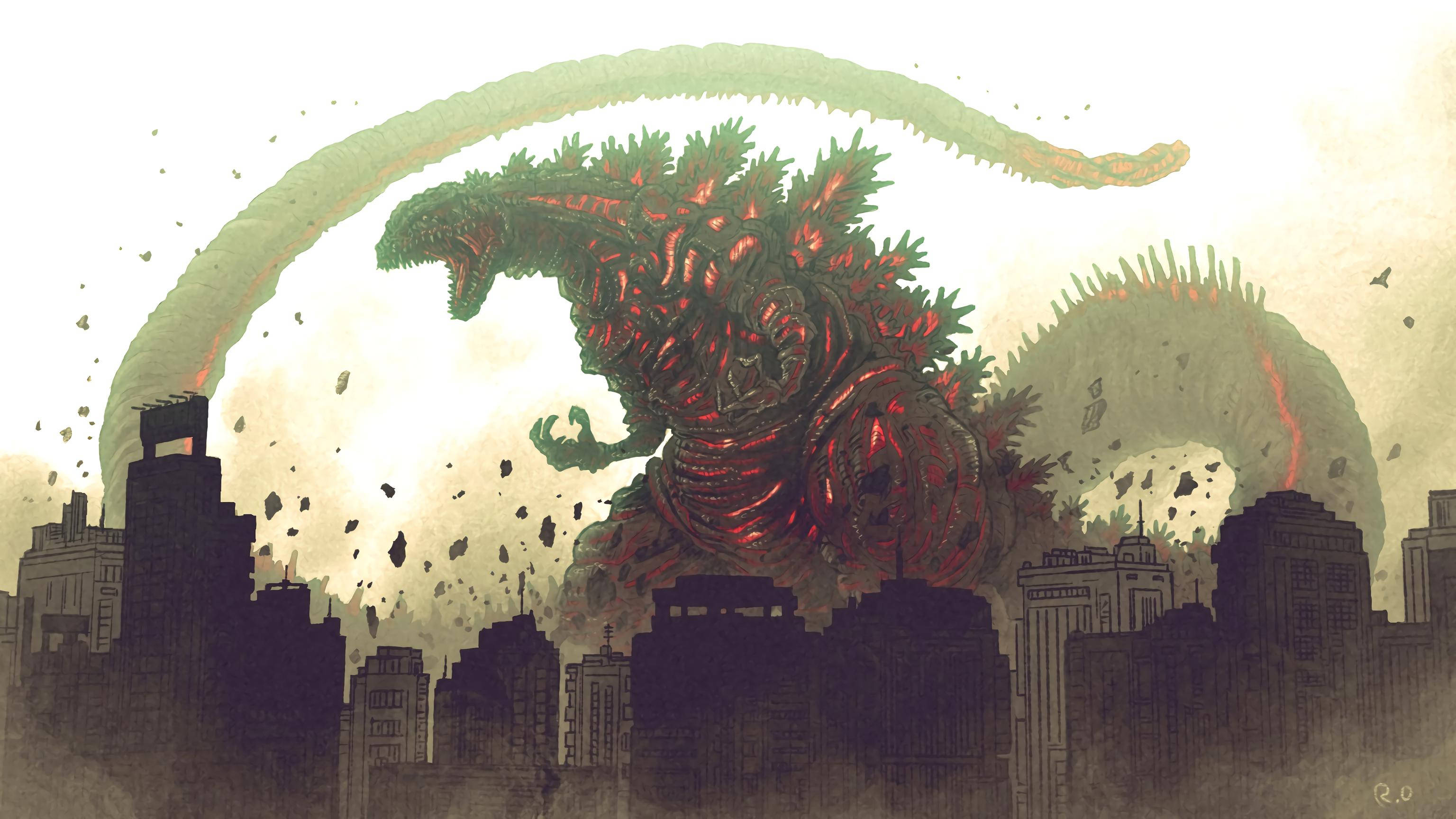 shin godzilla 桌布 壁紙 — 一隻巨大的綠色和紅色哥吉拉，背鰭發光，聳立在 crumbling 的城市景觀之上，碎片飛揚，牠正在咆哮。