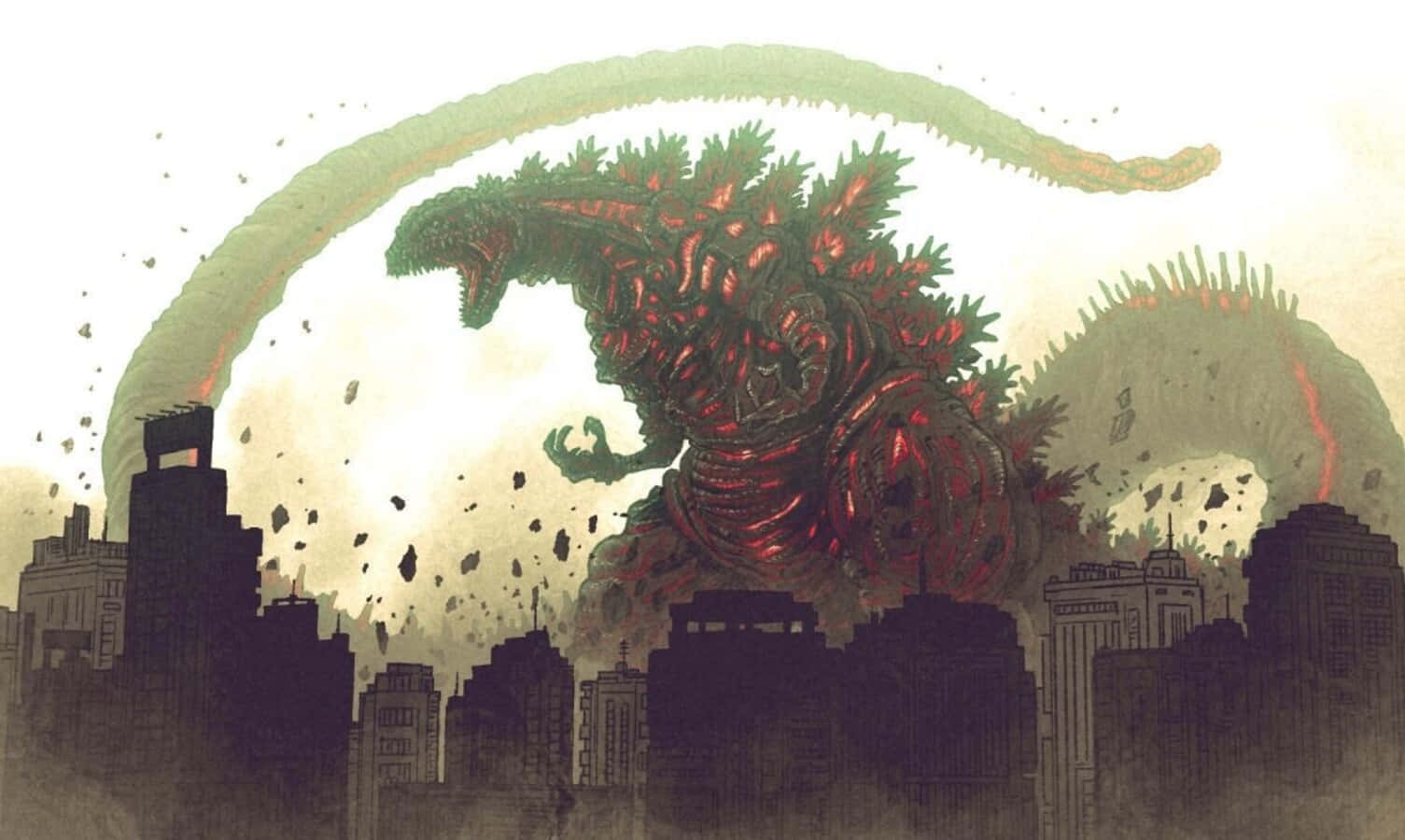 Godzilla Earth 桌布 壁紙 — 一隻巨大的綠色和紅色哥吉拉在 crumbling 的城市景觀上咆哮，碎片在空中飛舞。