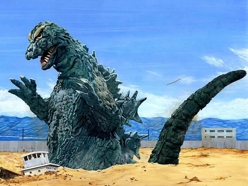 Godzilla 1954 桌布 壁紙 — 一隻巨大的綠色哥吉拉從沙地中出現，附近有一艘破船，背景是山脈和藍天。