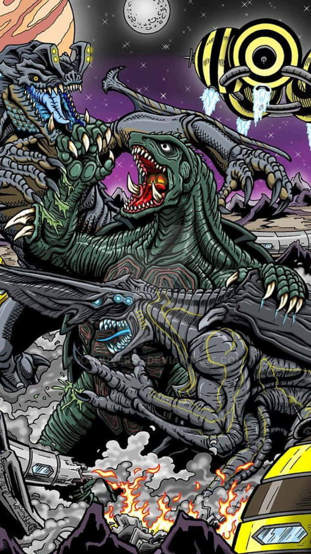 Godzilla Vs Gamera 桌布 壁紙 — 一隻巨大的綠色怪獸在星光燦爛的紫色天空下，於與機械怪物的混亂戰鬥中咆哮。