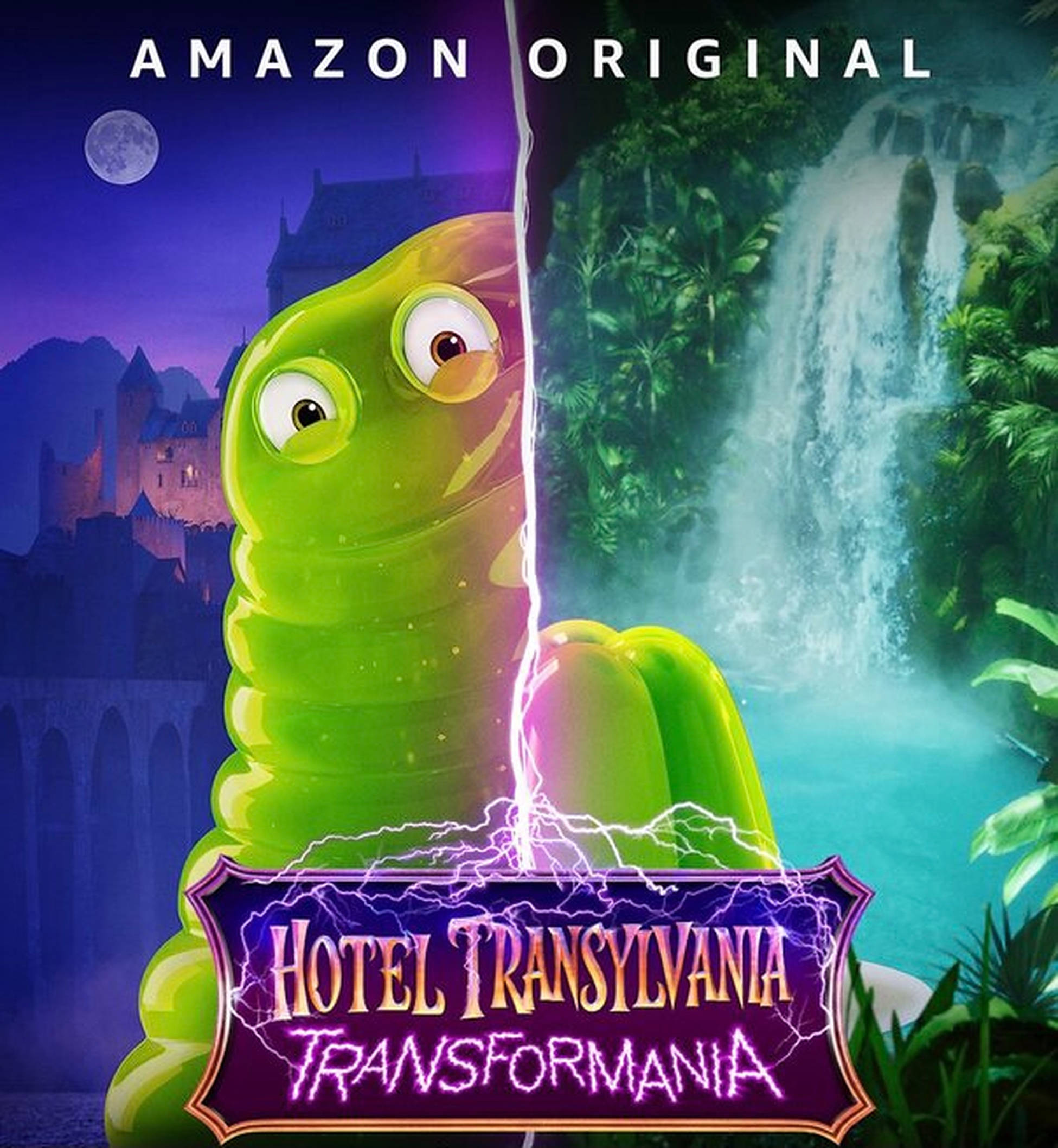 hotel transylvania transformania 桌布 壁紙 — 一隻巨大的綠色毛毛蟲用閃電將月光下的哥德式城堡和茂密的叢林瀑布之間的場景一分為二。