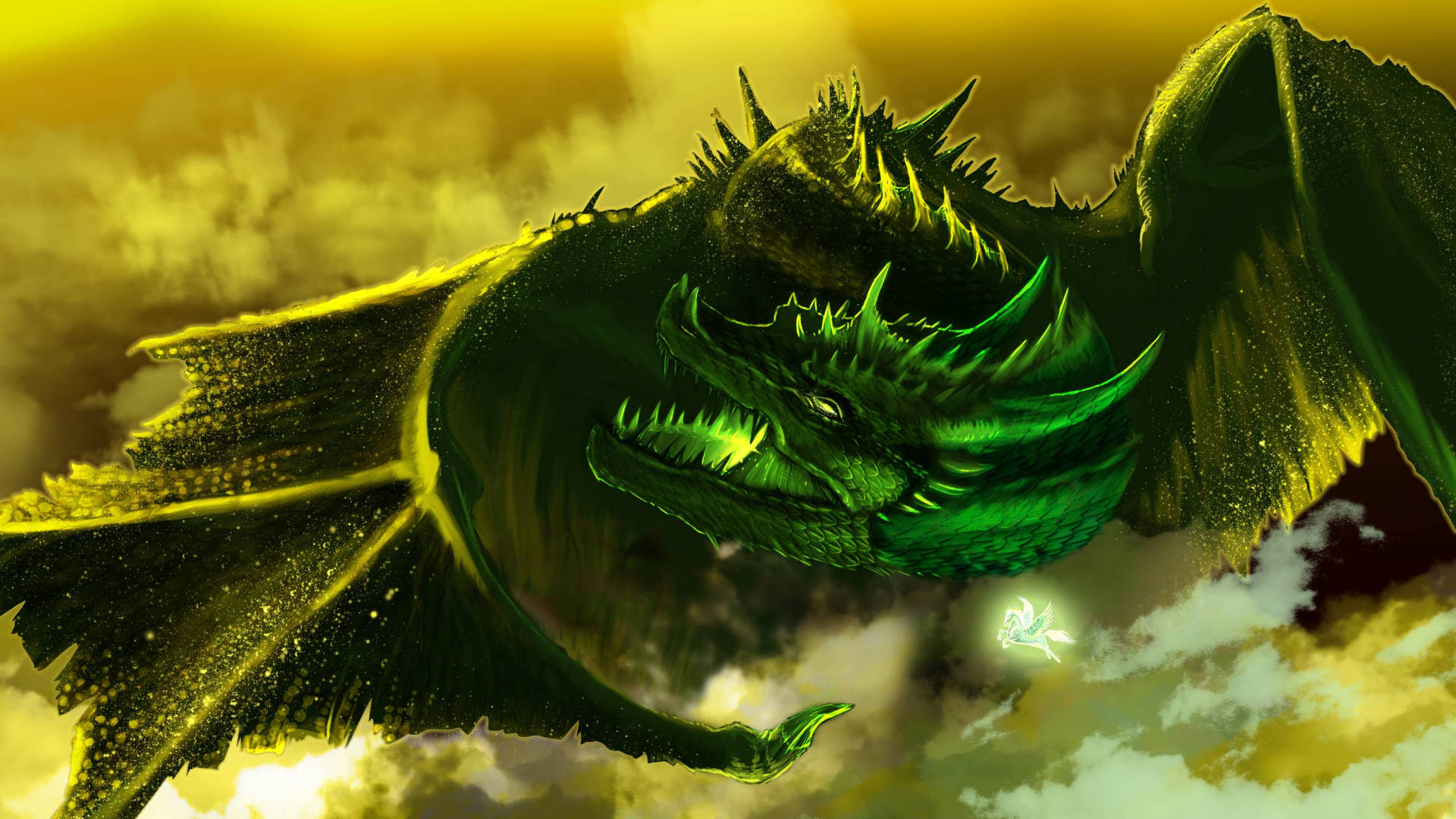Green Dragon 桌布 壁紙 — 一隻巨大的綠色龍，長有尖刺翅膀，在金色的日落天空中翱翔，其發光的眼睛緊盯著下方一個微小的發光身影。