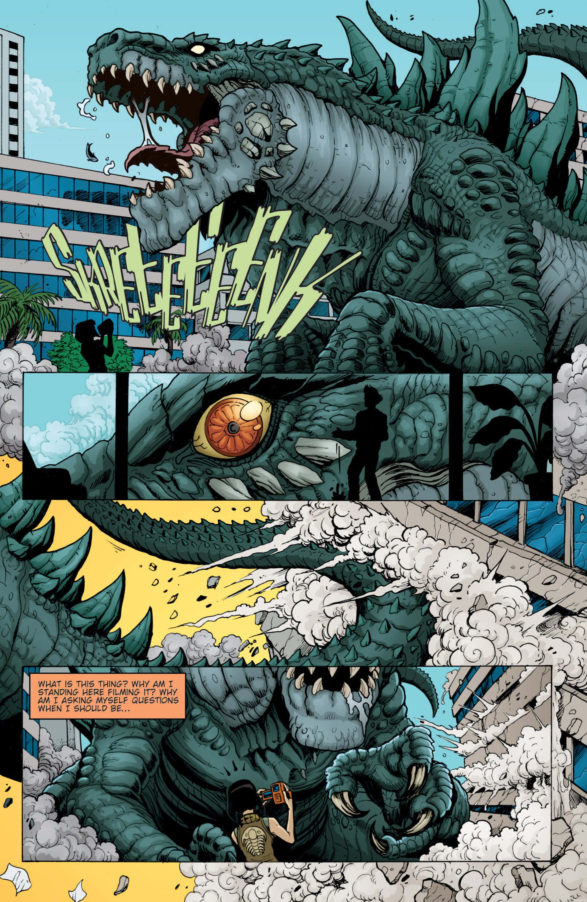 Godzilla Earth 桌布 壁紙 — 一隻巨大的綠色龍在煙霧和瓦礫中的城市景觀中咆哮，下面有一個驚恐的人拿著手榴彈。