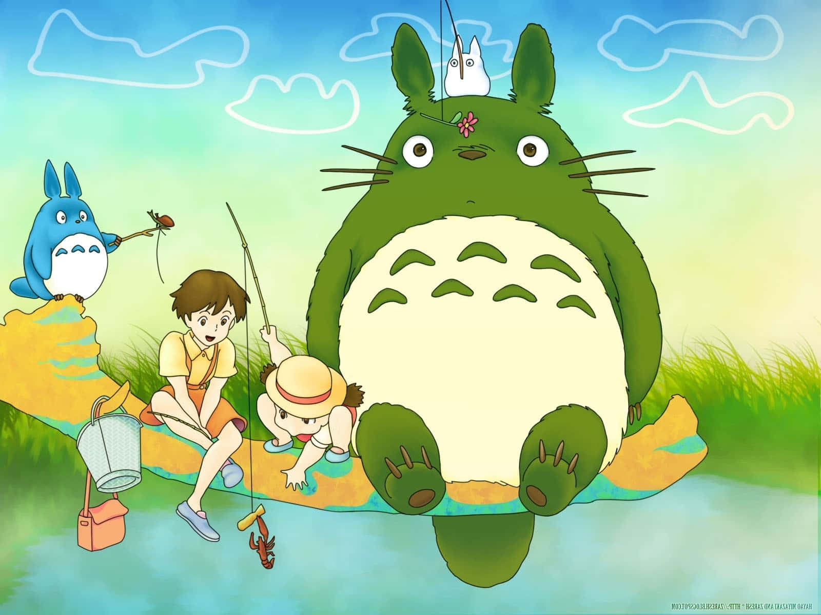 孩子們在陽光明媚的日子裡與龍貓角色在池塘邊釣魚。 — 龍貓 GIF 壁紙