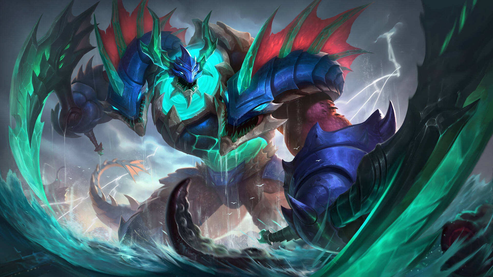 Mobile Legend 桌布 壁紙 — 一隻巨大的藍綠色龍，帶有紅色尖刺，從暴風雨的海面中出現，閃電在其裝甲形態周圍劈啪作響。