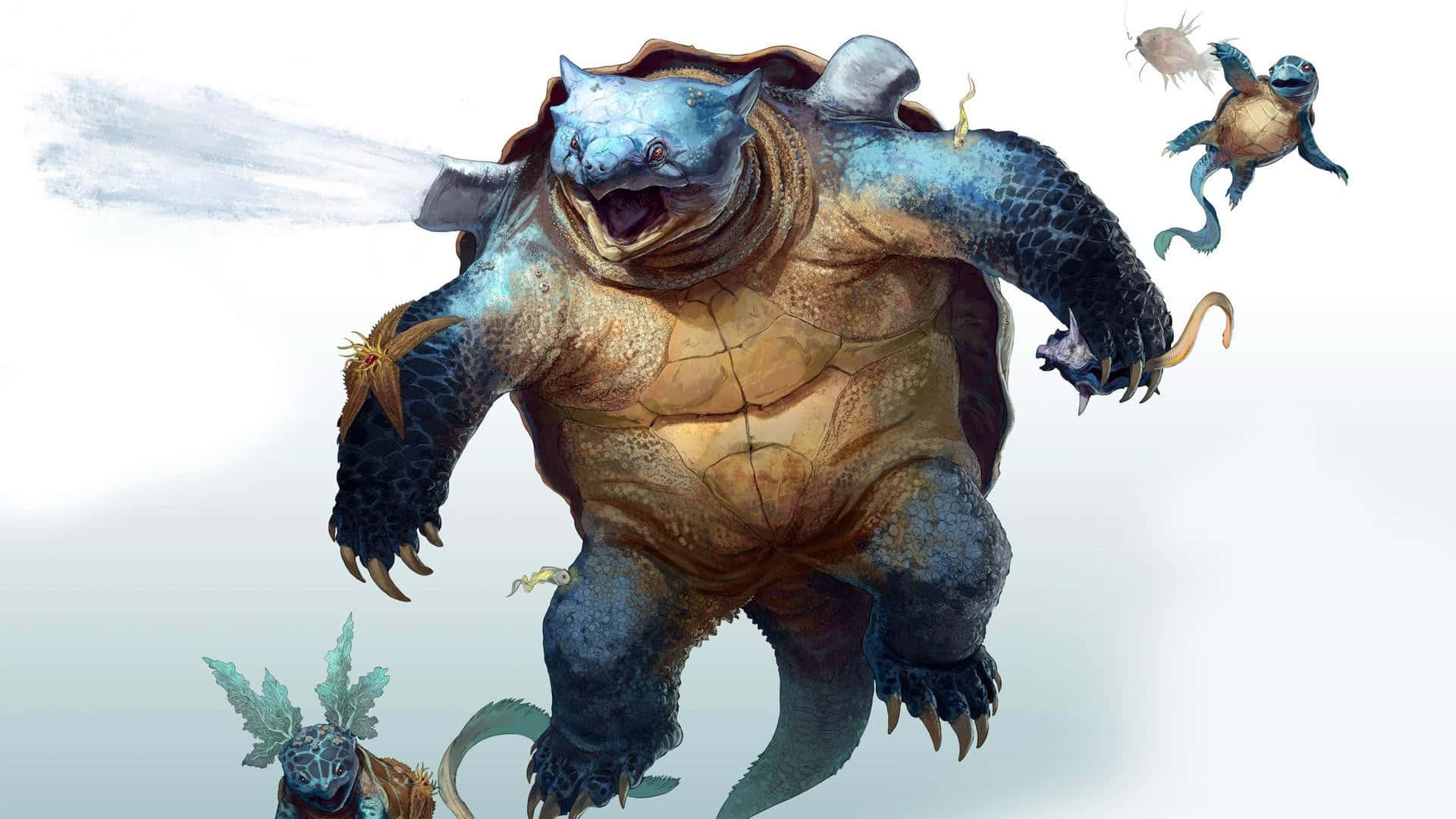 Squirtle 桌布 壁紙 — 一隻巨大的藍色和棕色裝甲龜伸出爪子咆哮，周圍較小的龜生物四處逃竄。