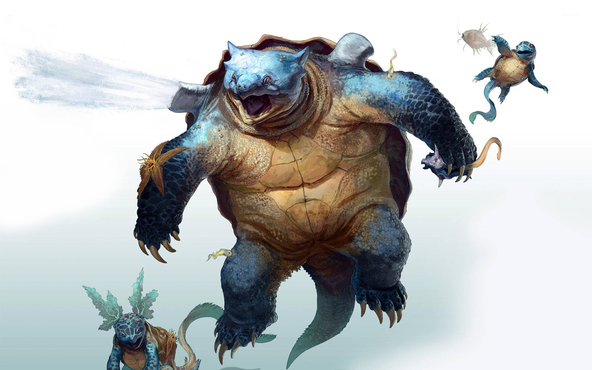 Squirtle 桌布 壁紙 — 一隻巨大的藍色和棕色裝甲龜咆哮，而較小的龜生物在它周圍飛翔，背景是蒼白的天空。