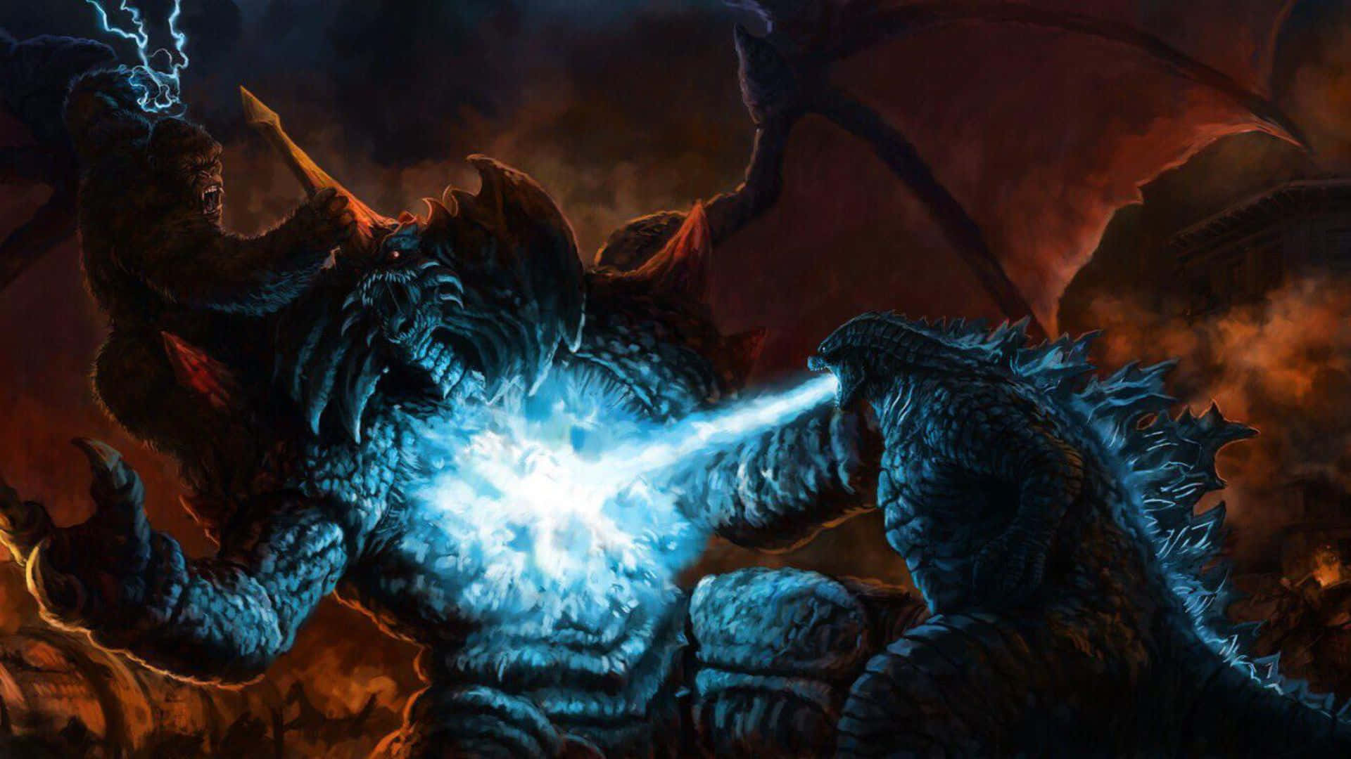 Godzilla Vs Destoroyah 桌布 壁紙 — 一隻巨大的藍色哥吉拉在閃電交加的火焰混亂中與一隻黑暗有翼的怪物戰鬥。