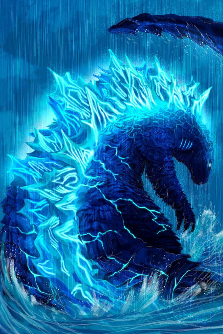 Godzilla Art 桌布 壁紙 — 一隻巨大的藍色哥吉拉從波濤洶湧的海浪中升起，在暴風雨的天空下，電藍色的能量沿著牠的脊椎劈啪作響。