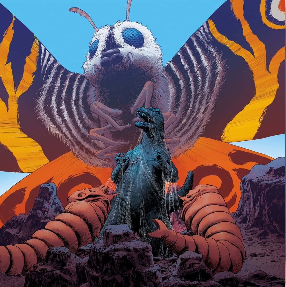 Godzilla Vs Mothra 桌布 壁紙 — 一隻巨大的藍色哥吉拉挑釁地站在一隻帶有條紋翅膀和發光眼睛的巨大飛蛾型怪獸面前。