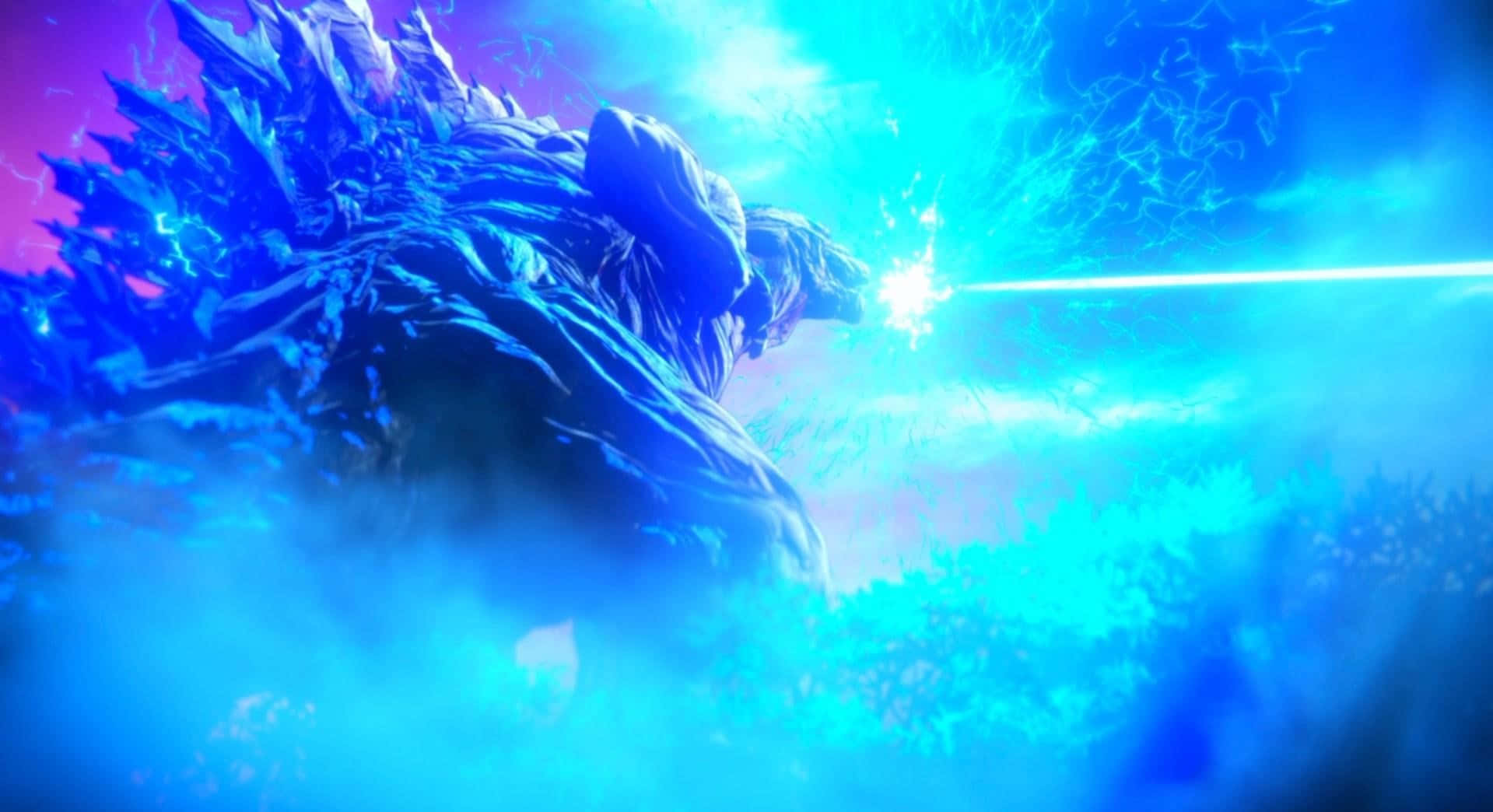 Godzilla Earth 桌布 壁紙 — 一隻巨大的藍色怪物在充滿活力的宇宙天空中釋放出刺眼的能量光束。