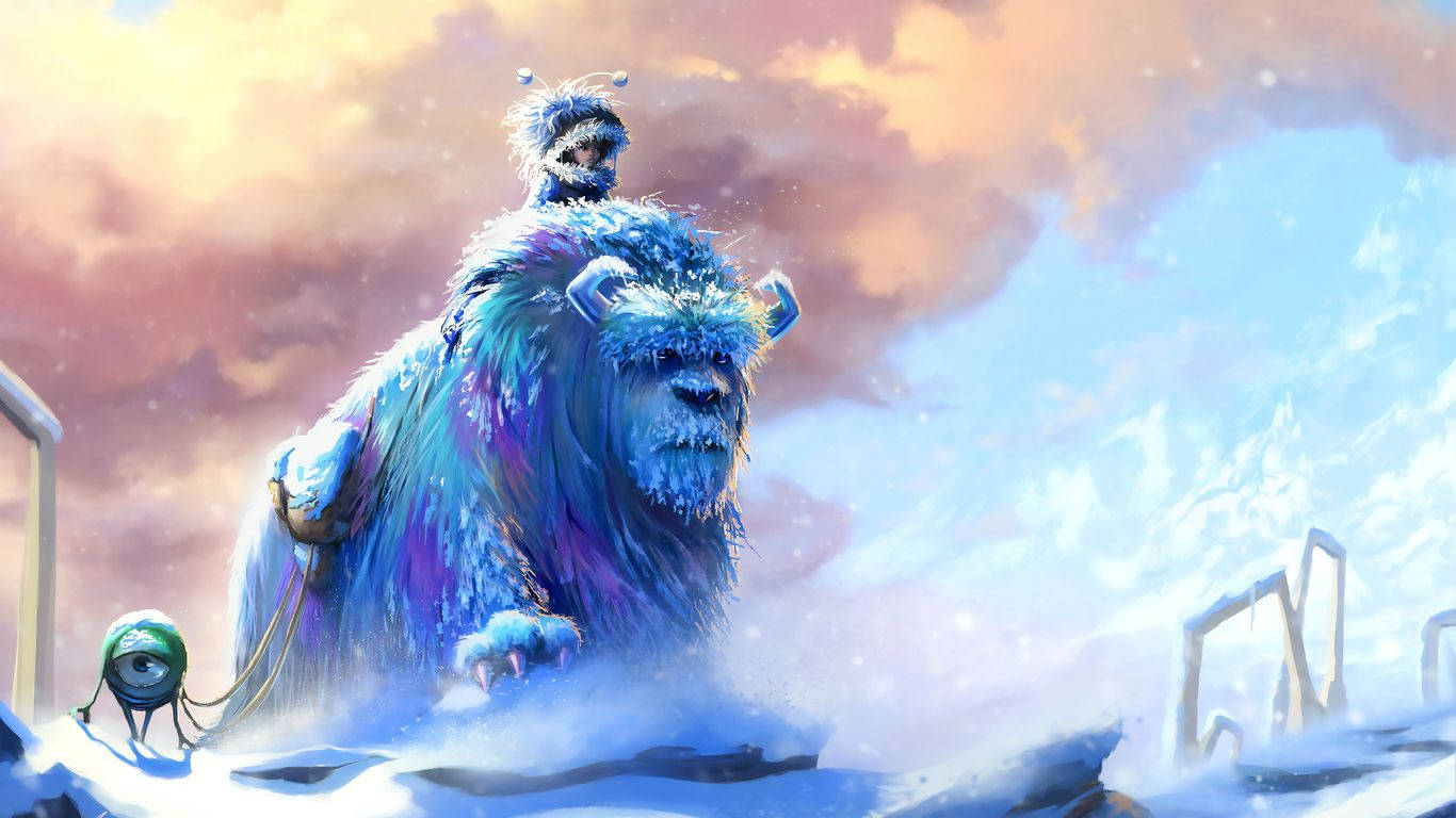 sulley 桌布 壁紙 — 一隻巨大的藍色毛茸茸怪物與騎手站在雪景中，背景是充滿活力的日落天空。