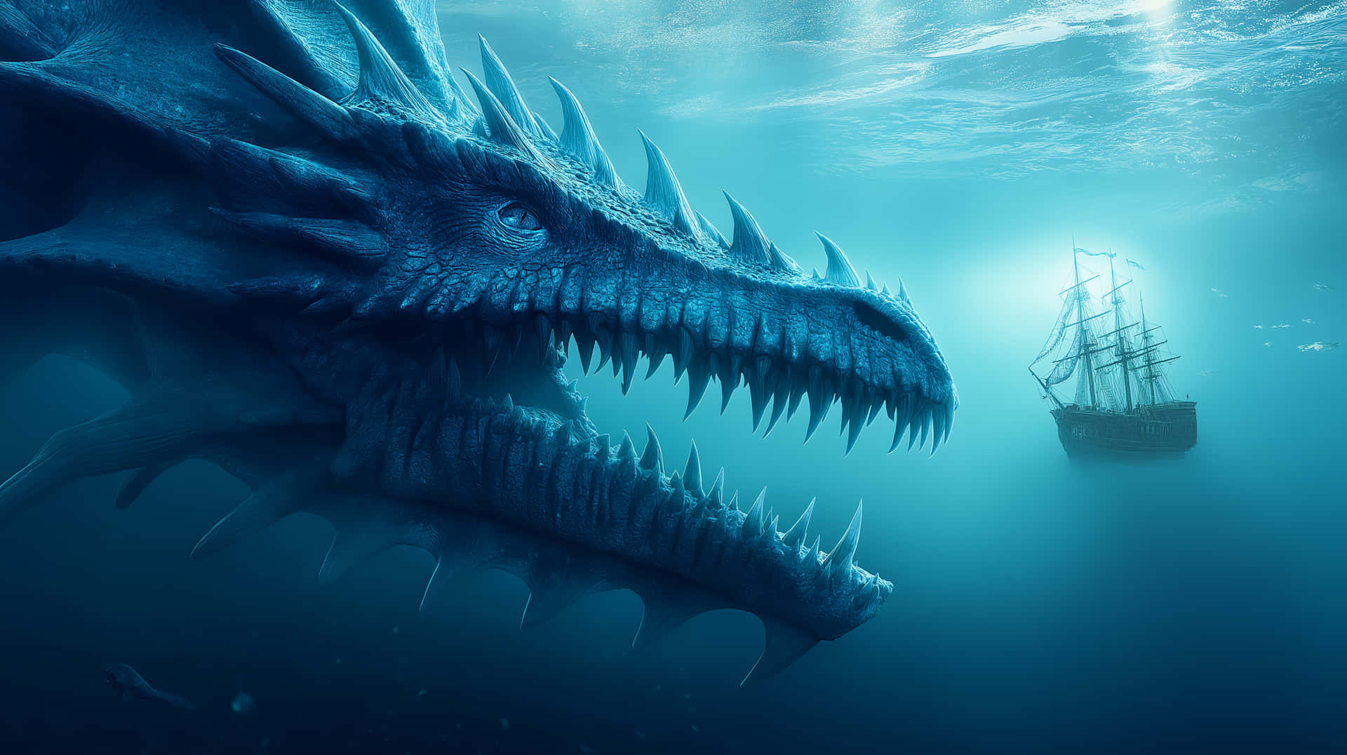 Underwater Dragon Approaching Ship in Ominous Ocean 壁紙 — 一隻巨大的藍色海龍，長著鋸齒狀的牙齒，潛伏在水下，遠處有一艘帆船漂流。