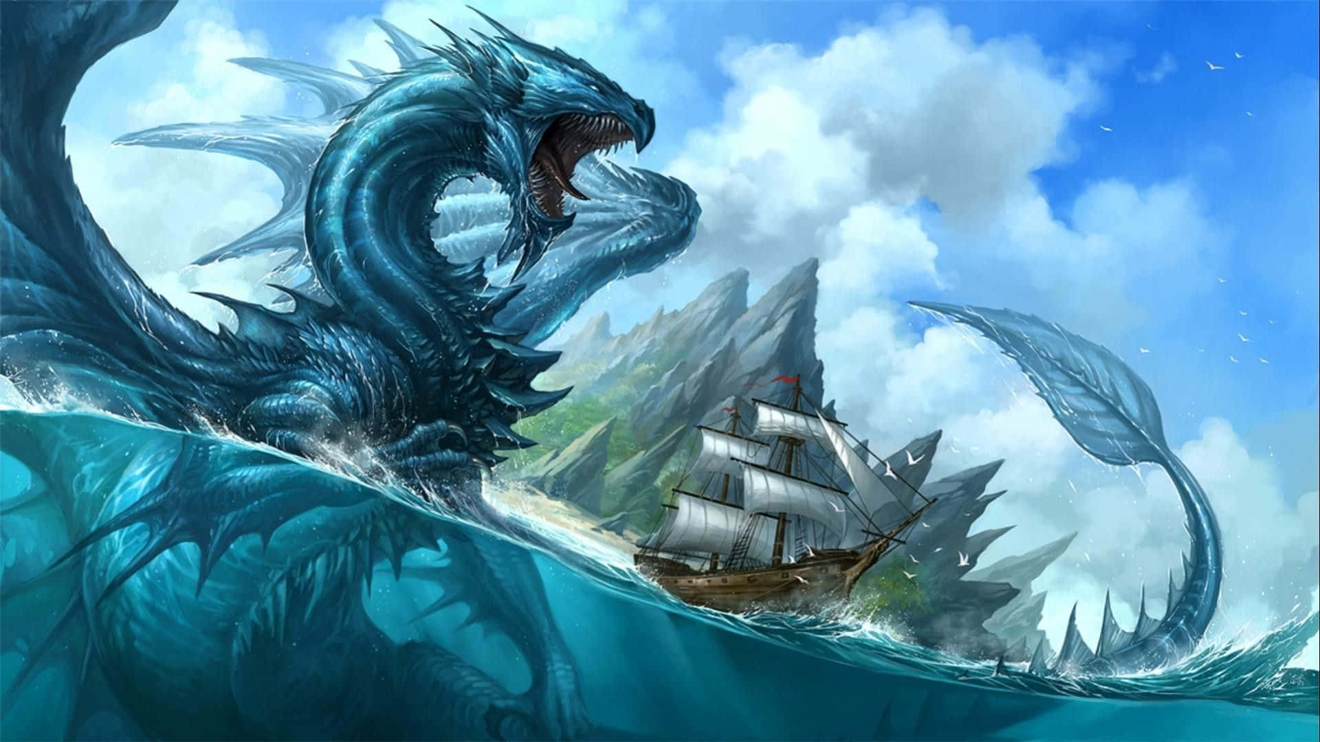 Mystical Dragon 桌布 壁紙 — 一隻巨大的藍色海龍從洶湧的海水中出現，在明亮的天空下，在崎嶇的懸崖附近與一艘帆船對峙。