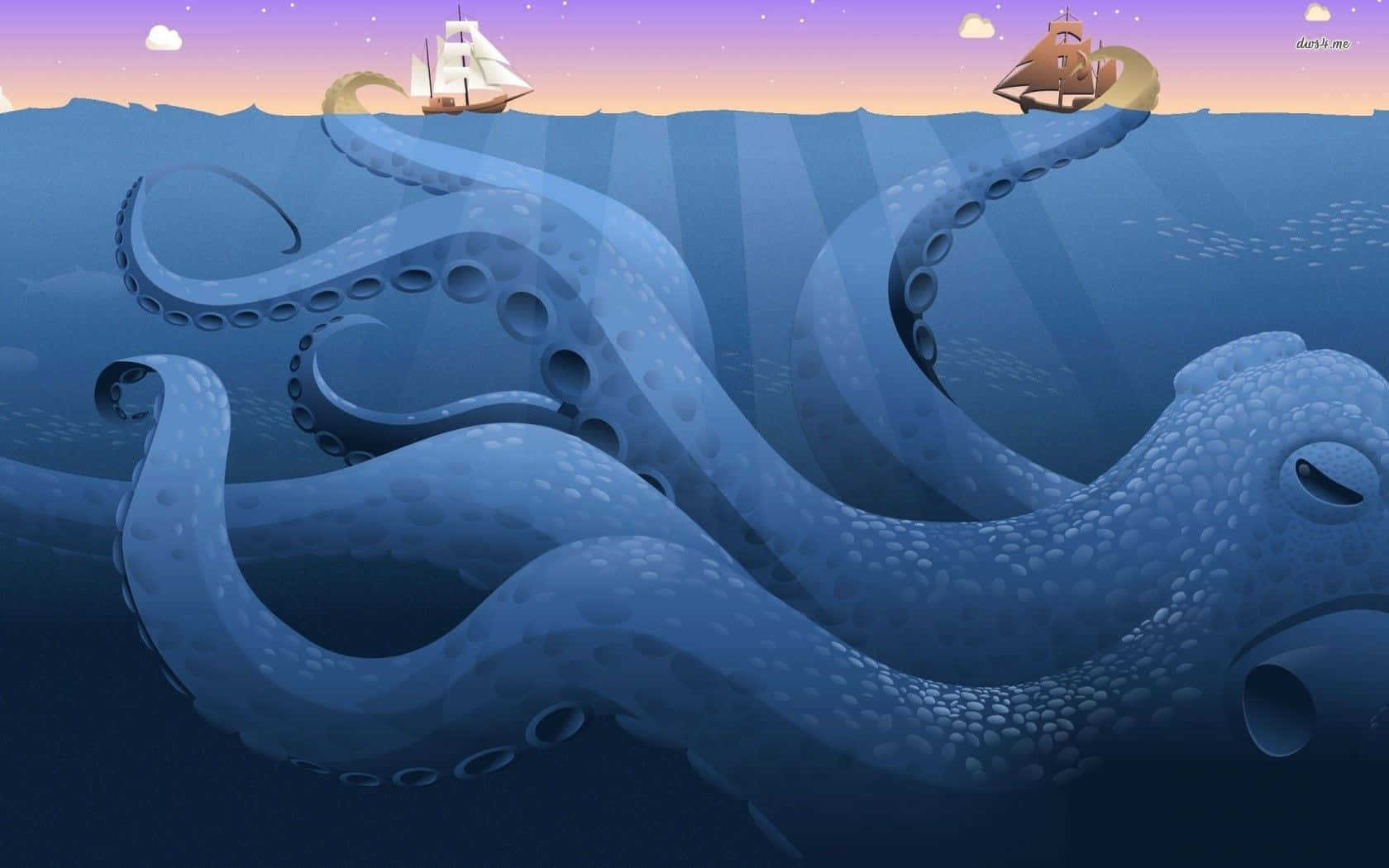 Giant Squid 桌布 壁紙 — 一隻巨大的藍色章魚從深海升起，用觸手舉起兩艘帆船，背景是暮色天空。