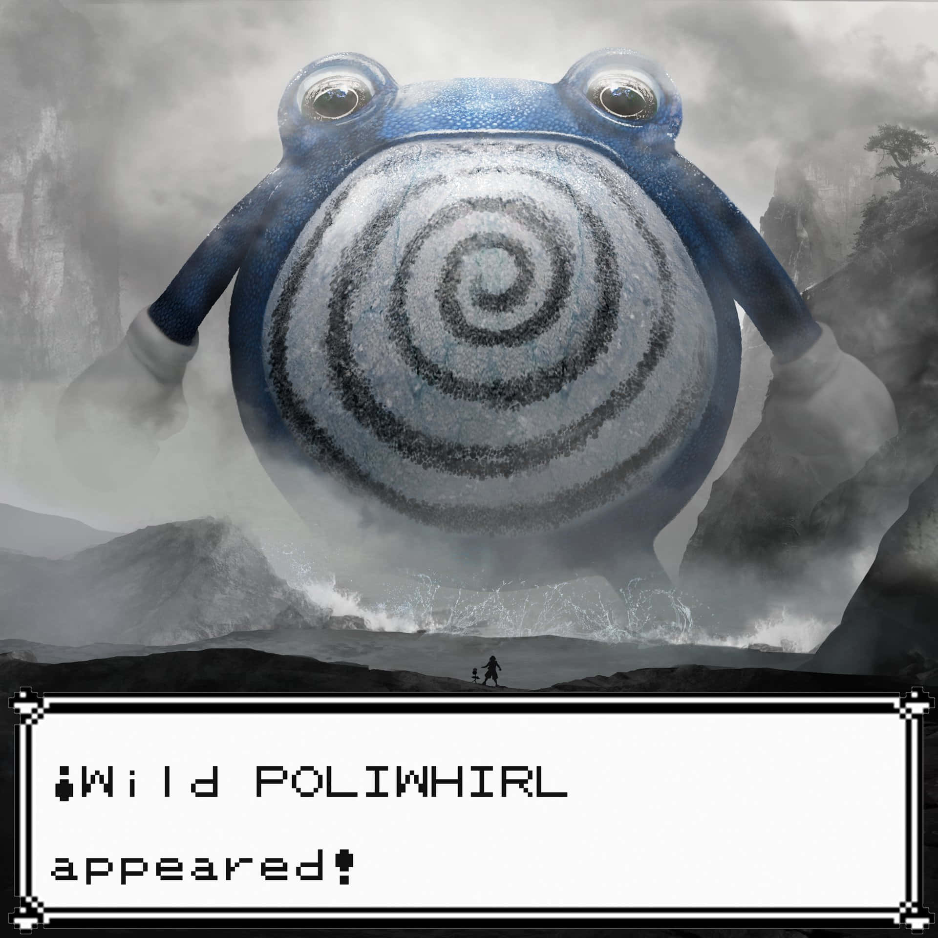 Pokemon Aesthetic 桌布 壁紙 — 一隻巨大的藍色螺旋圖案蚊香蛙籠罩著一位孤獨的訓練家，背景是霧氣瀰漫的山區景色。