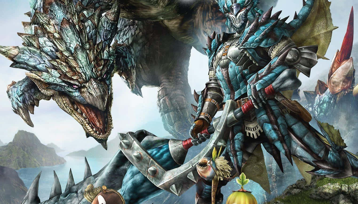Monster Hunter Desktop 桌布 壁紙 — 一隻巨大的藍色鱗片怪物撲向一個身穿重甲、揮舞著巨大彎曲刀刃的獵人，地點在一個霧氣瀰漫的山島上。
