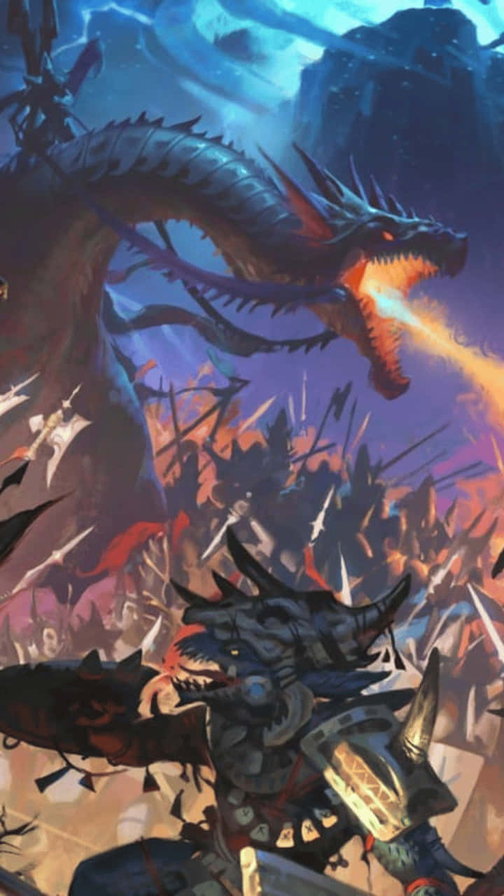 Android Total War Warhammer Ii 桌布 壁紙 — 一隻巨大的藍色龍在暴風雨的天空下，向佈滿裝甲戰士和飛行生物的戰場噴火。