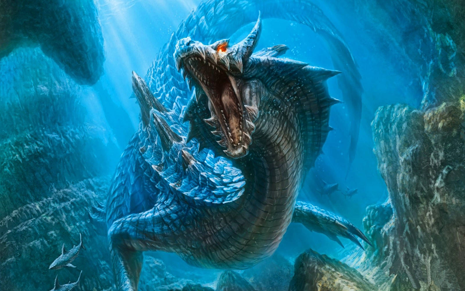 Water Dragon 桌布 壁紙 — 一隻巨大的藍鱗海龍，擁有發光的橙色眼睛，在陽光照射的岩石和游動的魚群之間在水下咆哮。