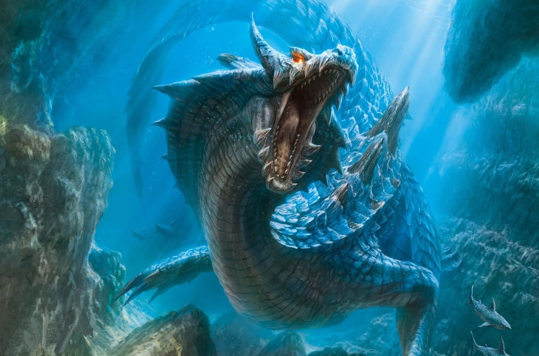 Monster Hunter Desktop 桌布 壁紙 — 一隻巨大的藍鱗海龍，有著發光的橙色眼睛，在岩石洞穴和游動的鯊魚之間的水下咆哮。