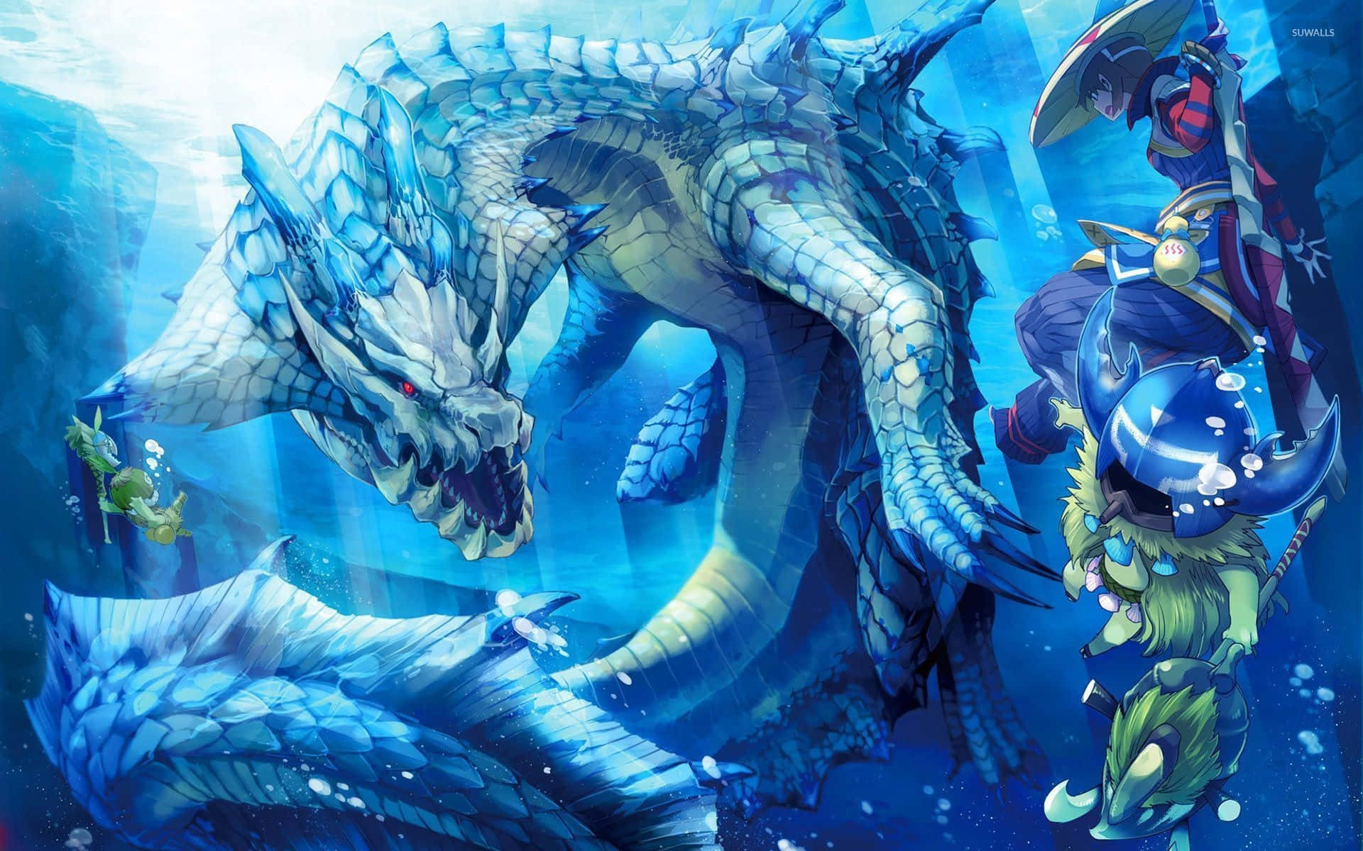 Monster Hunter 3 桌布 壁紙 — 一隻巨大的藍鱗龍，眼睛發出紅光，在陽光照射的水下洞穴中與身穿盔甲的獵人對峙。
