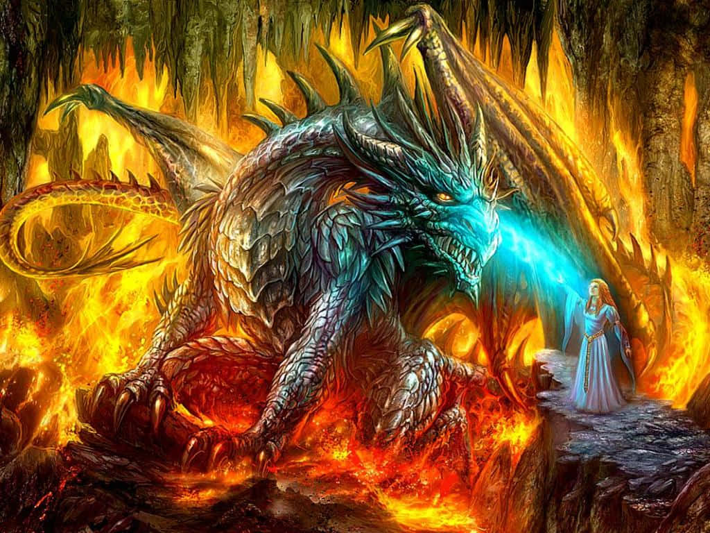 Mystical Dragon 桌布 壁紙 — 一隻巨大的藍鱗龍在熾熱的洞穴中噴出冰冷的藍色火焰，而一個孤獨的白袍身影在附近挑釁地站著。