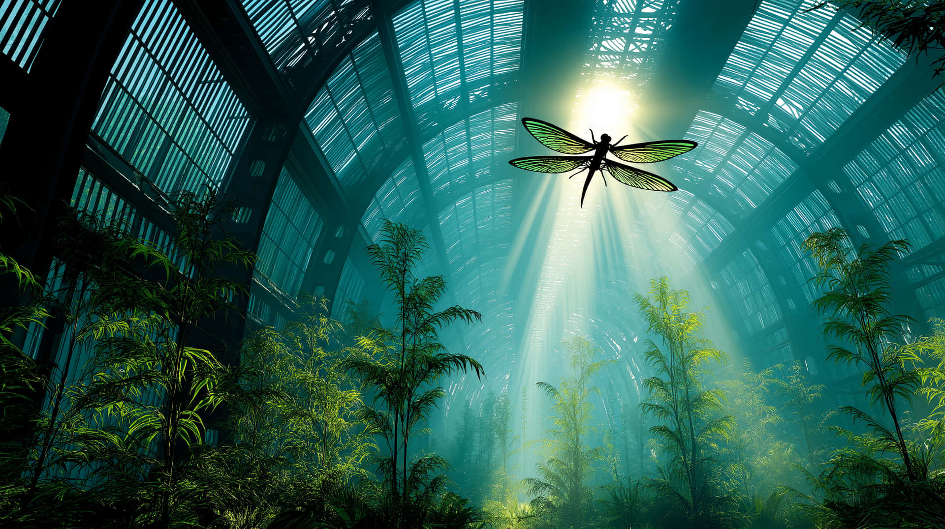 Sunlit Biomechanical Dragonfly in Enclosed Alien Jungle 壁紙 — 一隻巨大的蜻蜓在陽光普照的玻璃圓頂溫室中翱翔，溫室內充滿了茂盛的熱帶植物。