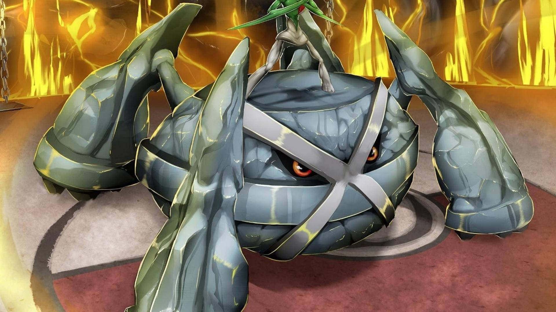 Metagross 桌布 壁紙 — 一隻巨大的裝甲寶可夢，擁有發光的紅色眼睛和一位綠髮騎手，挑釁地站在火熱的背景前。