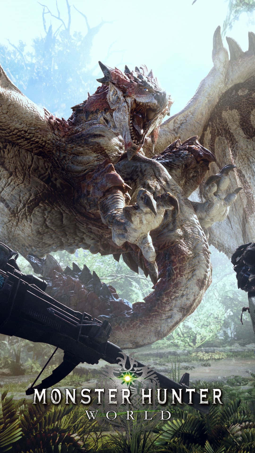 Android Monster Hunter World 桌布 壁紙 — 一隻巨大的裝甲龍，長有尖刺翅膀，在茂密的叢林中對著一位揮舞著大型武器的獵人發出威脅性的咆哮。