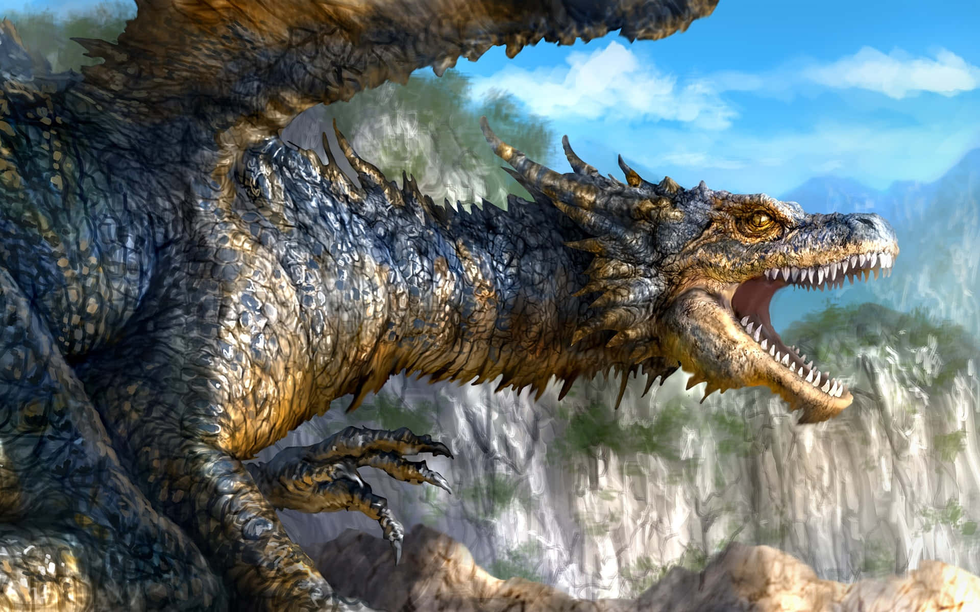 Dragon Profile 桌布 壁紙 — 一隻巨大的裝甲龍，長有尖刺鱗片和發光的眼睛，在明亮的藍天下從岩石懸崖上咆哮。
