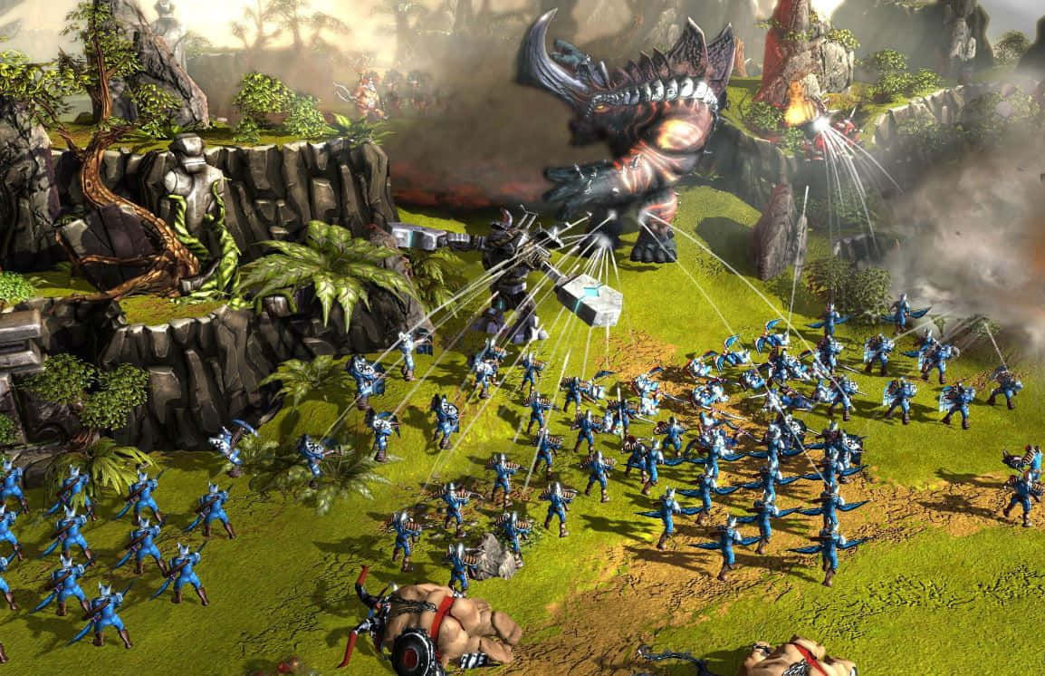 Strategy Game 桌布 壁紙 — 一隻巨大的裝甲龍在一個有懸崖和古代遺跡的茂密叢林戰場上攻擊一支藍色裝甲軍隊。