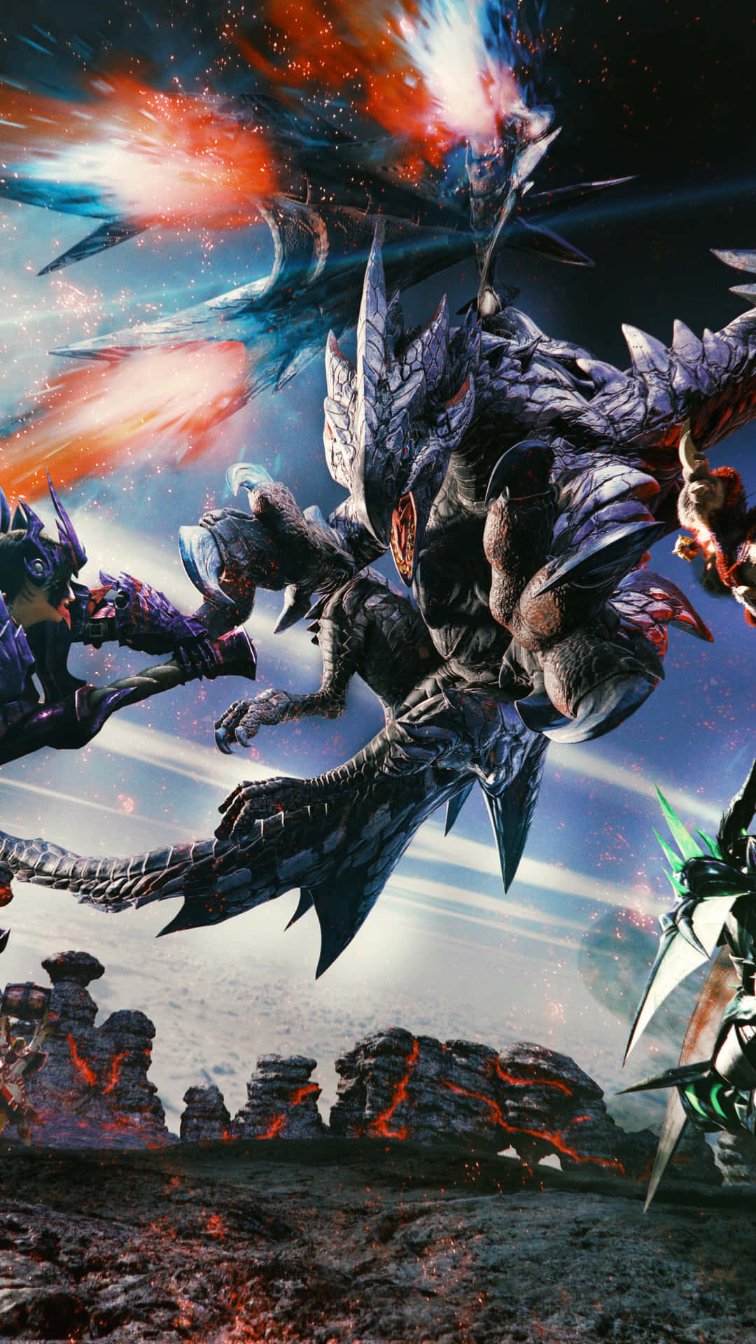 Monster Hunter 3 桌布 壁紙 — 一隻巨大的裝甲龍在星空下的火熱火山景觀中與獵人戰鬥。