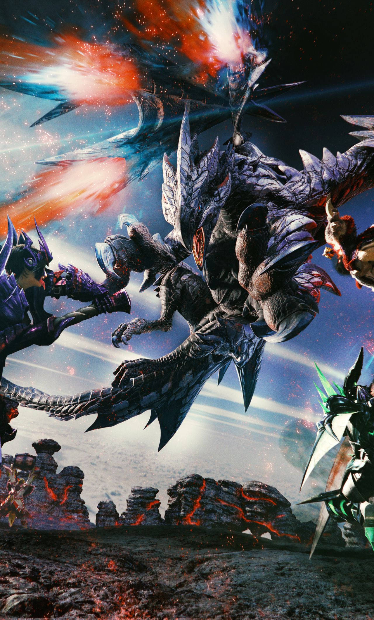monster hunter iPhone 桌布 壁紙 — 一隻巨大的裝甲龍在熔岩縱橫的岩石景觀上空，於宇宙爆炸中與裝甲戰士戰鬥。