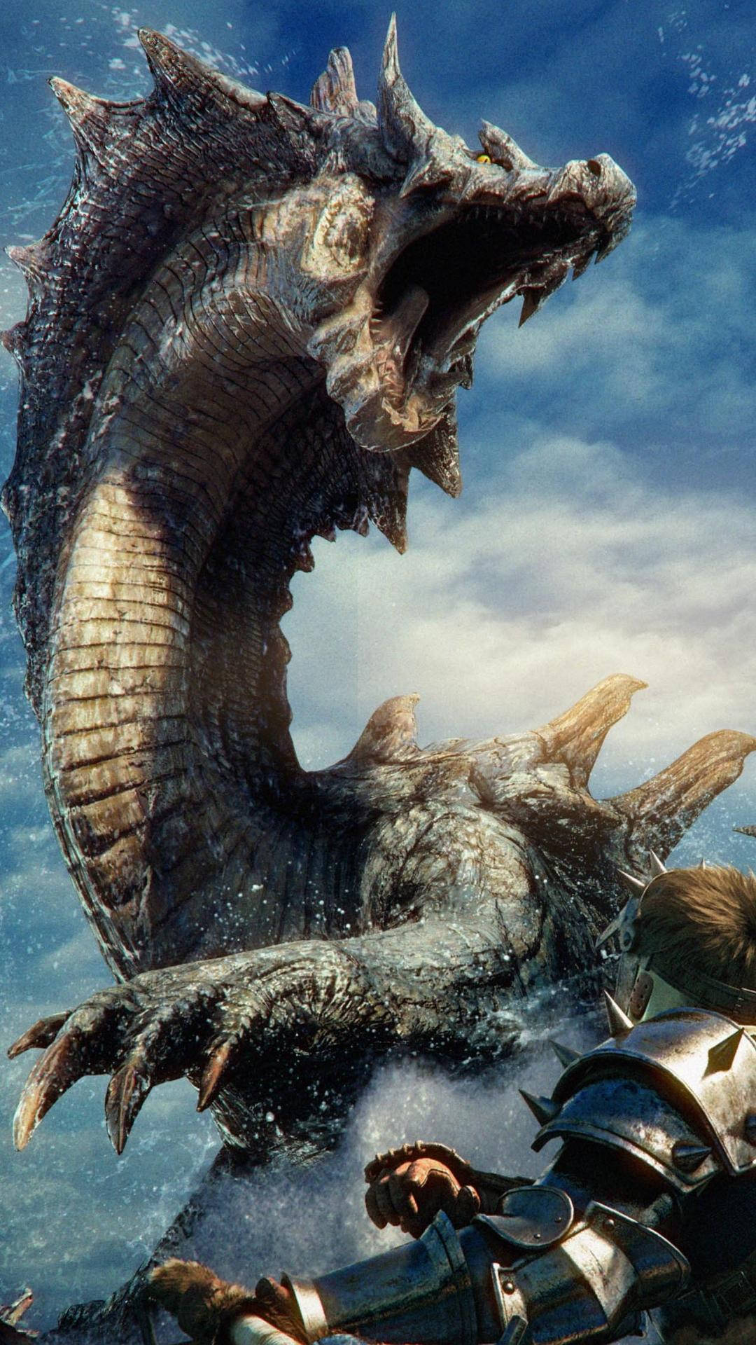 monster hunter iPhone 桌布 壁紙 — 一隻巨大的裝甲龍從海浪中出現，向下方身穿閃亮盔甲的騎士咆哮。