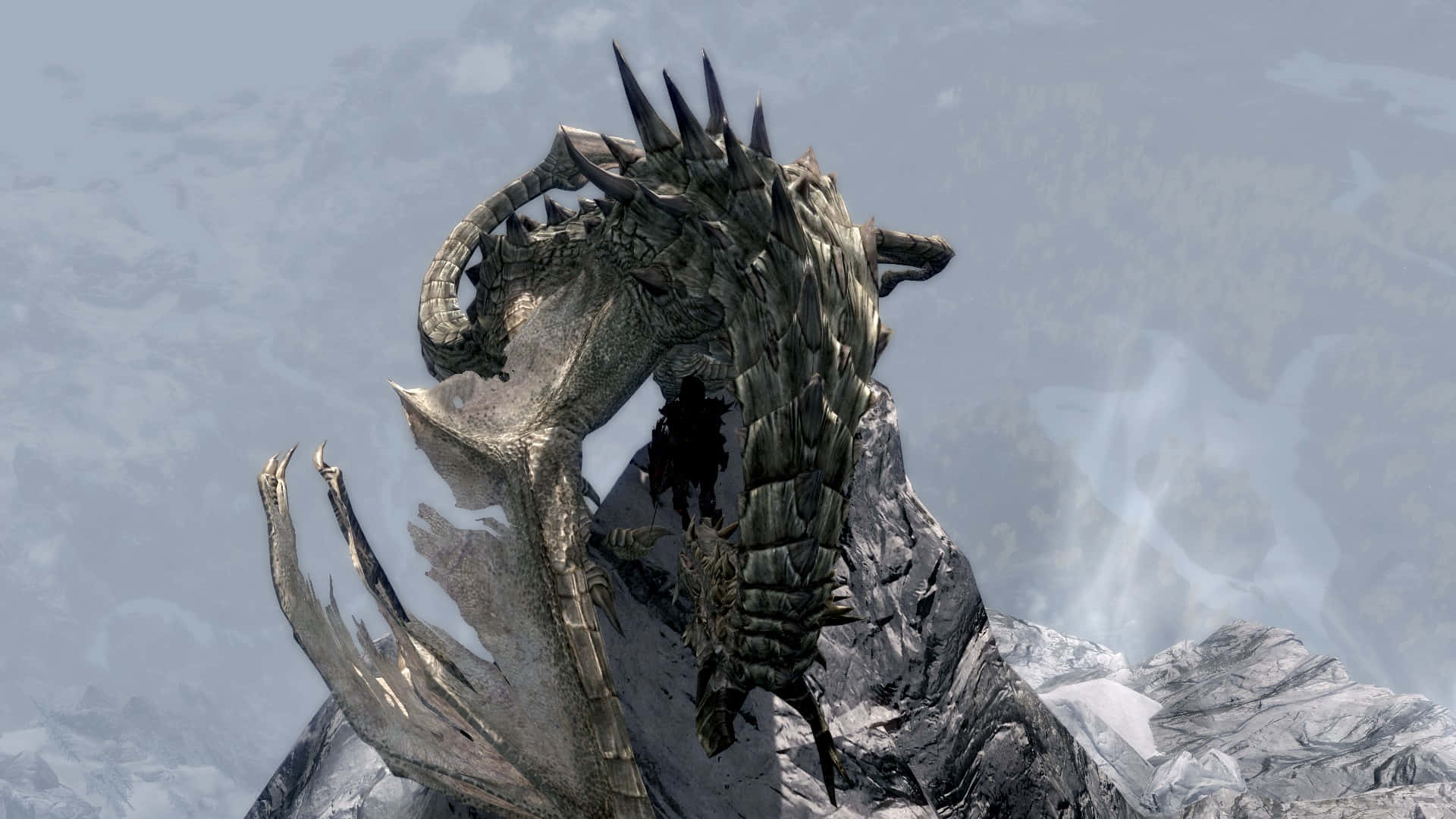 Skyrim Paarthurnax 桌布 壁紙 — 一隻巨大的裝甲龍棲息在白雪覆蓋的山頂上，背景是朦朧的天空。