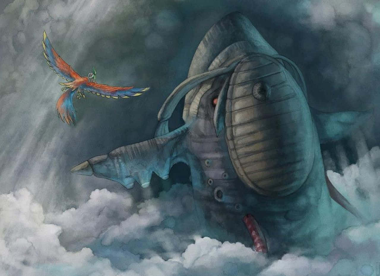The Legend Of Zelda Skyward Sword 桌布 壁紙 — 一隻巨大的金屬鯨魚從暴風雲中浮現，一隻色彩鮮豔的鳥兒飛過牠張開的大口。
